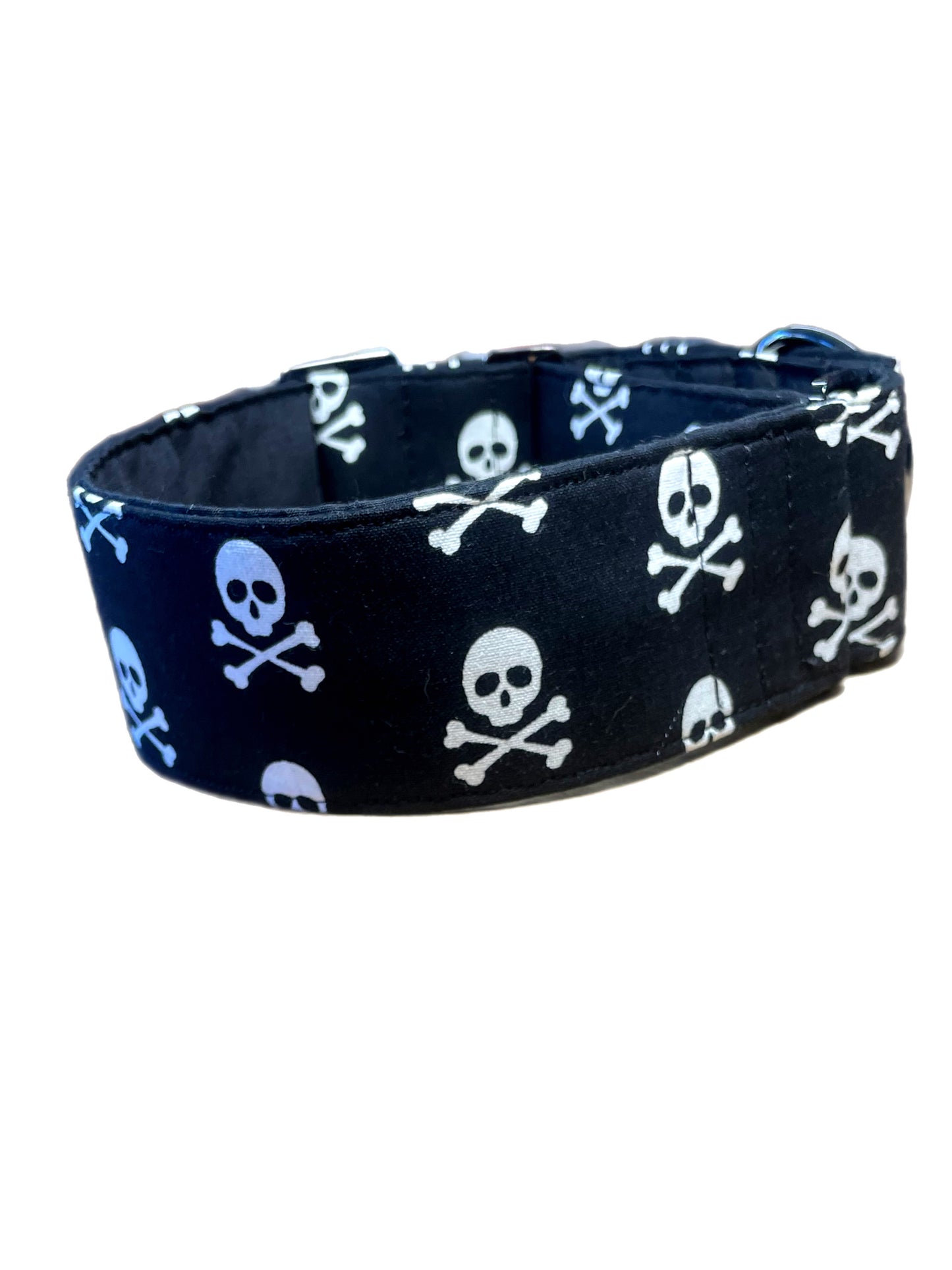 Black & white pirate skull & crossbones greyhound Martingale collar cotton covered 50mm width super soft