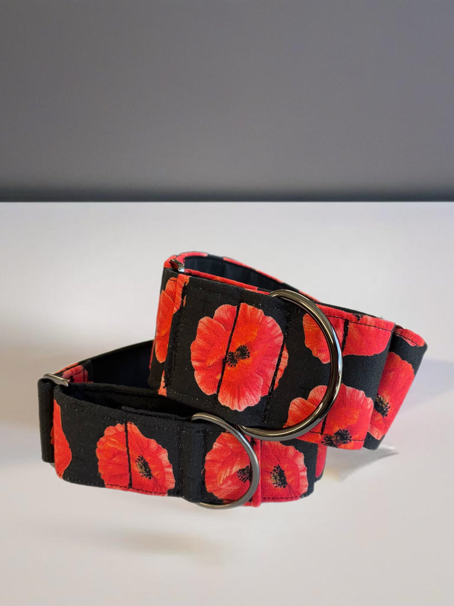 Beautiful poppies black and red greyhound Martingale collar cotton covered in 50mm & 38mm