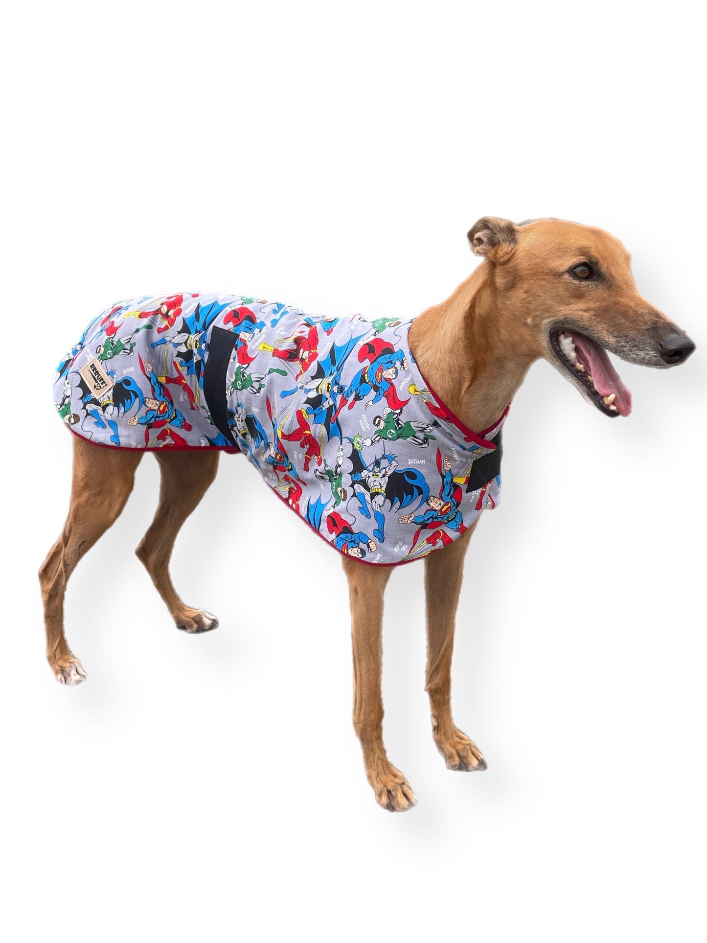 Spring classic style Greyhound coat superheroes design in a sturdy cotton & lush fleece washable