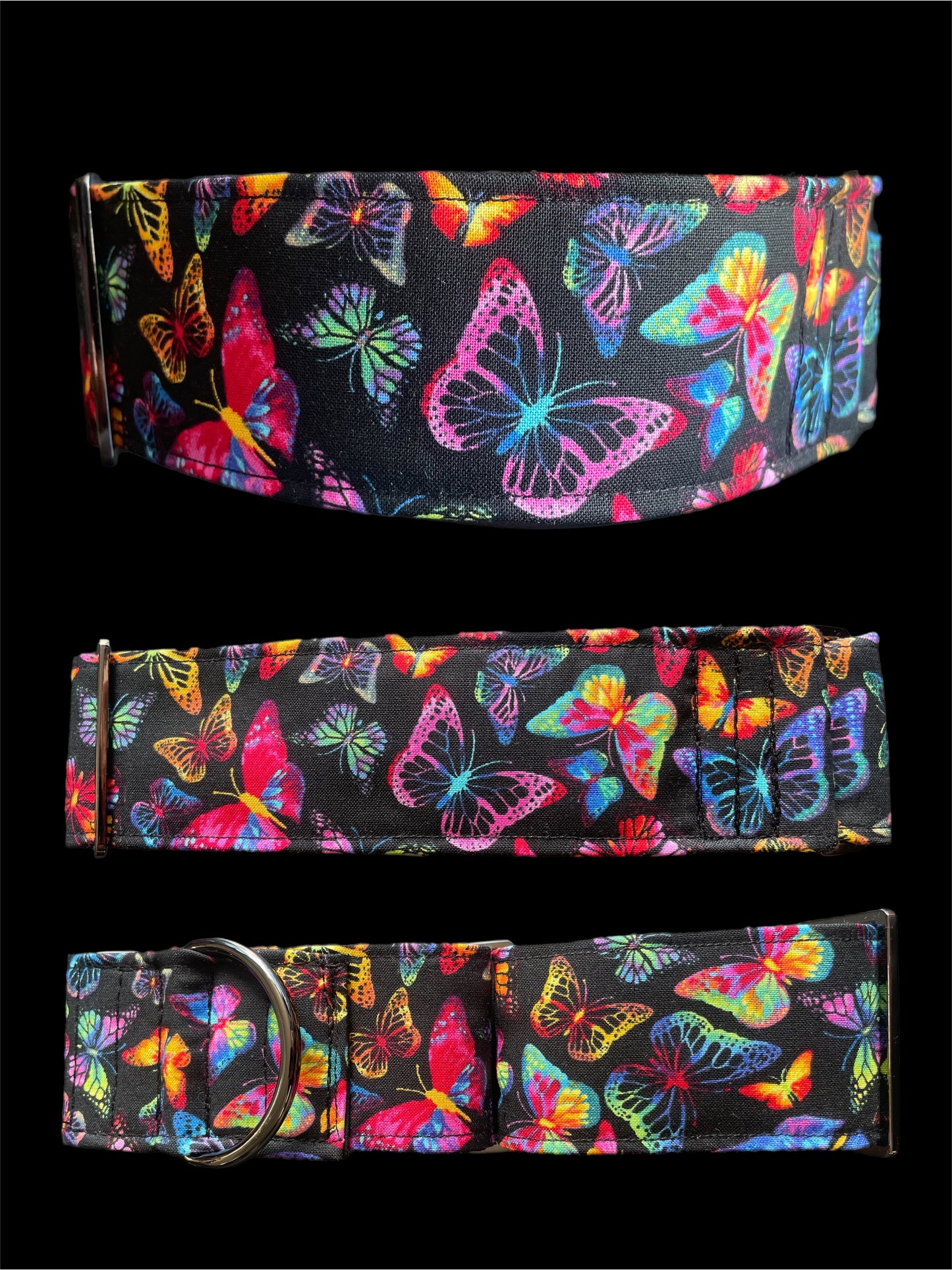 Colourful Butterflies on black Cotton covered greyhound Martingale collar 50mm width super soft