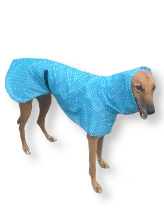 Light, bright blue with white spots Greyhound coat deluxe style, summer rainwear, washable