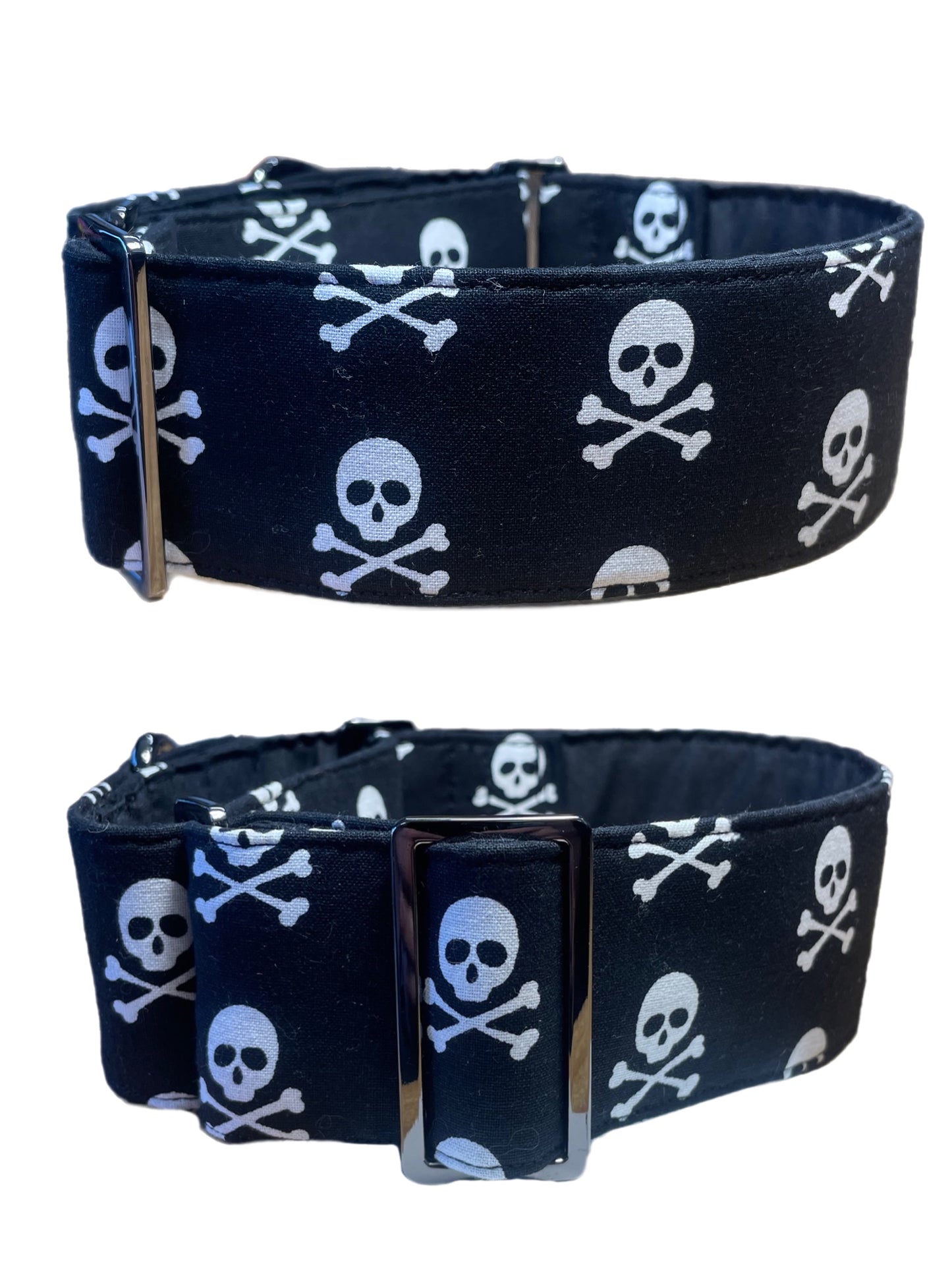 Black & white pirate skull & crossbones greyhound Martingale collar cotton covered 50mm width super soft