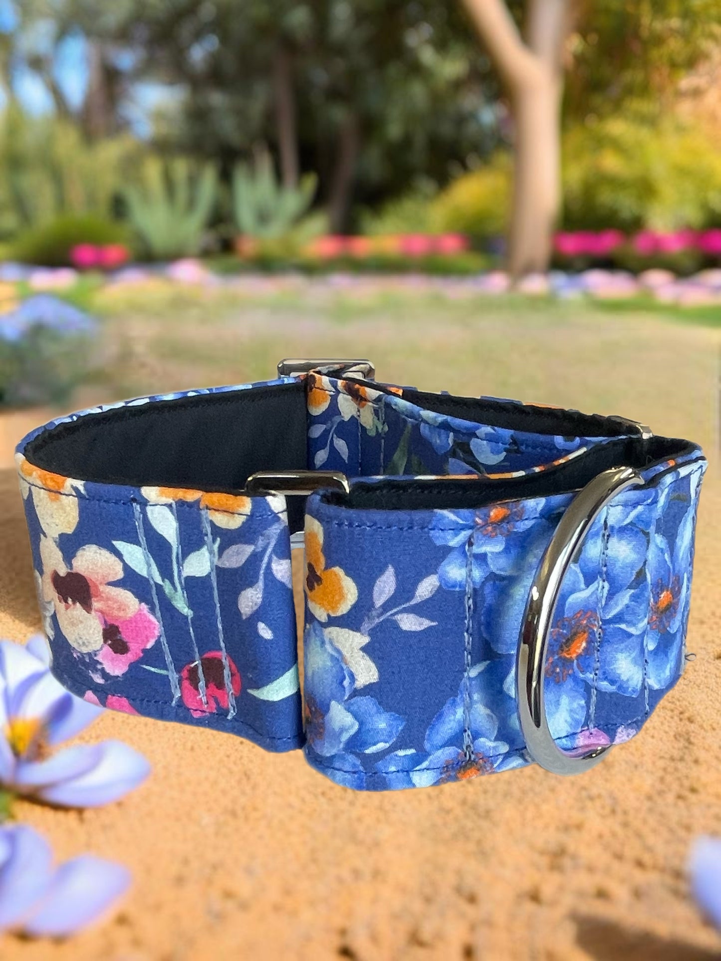 Blue hues of romantic flowers design greyhound Martingale collar cotton covered super soft