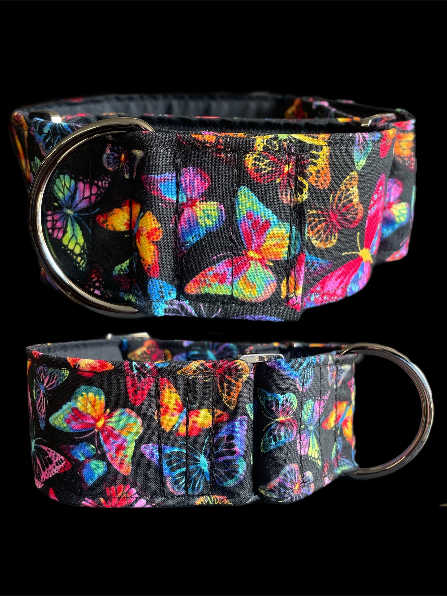 Colourful Butterflies on black Cotton covered greyhound Martingale collar 50mm width super soft