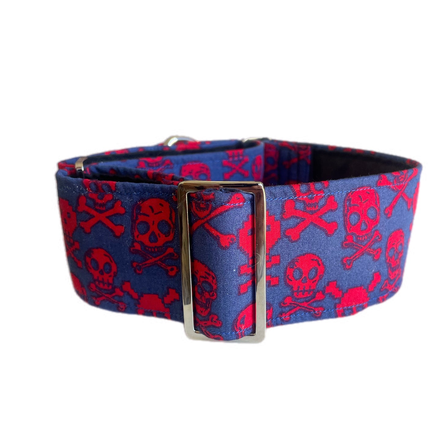 Skull and cross bones blue martingale collar greyhound wide super soft cotton fabric