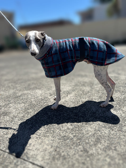 Deluxe whippet coats snuggly thick double fleece in blue with grey inner fleece