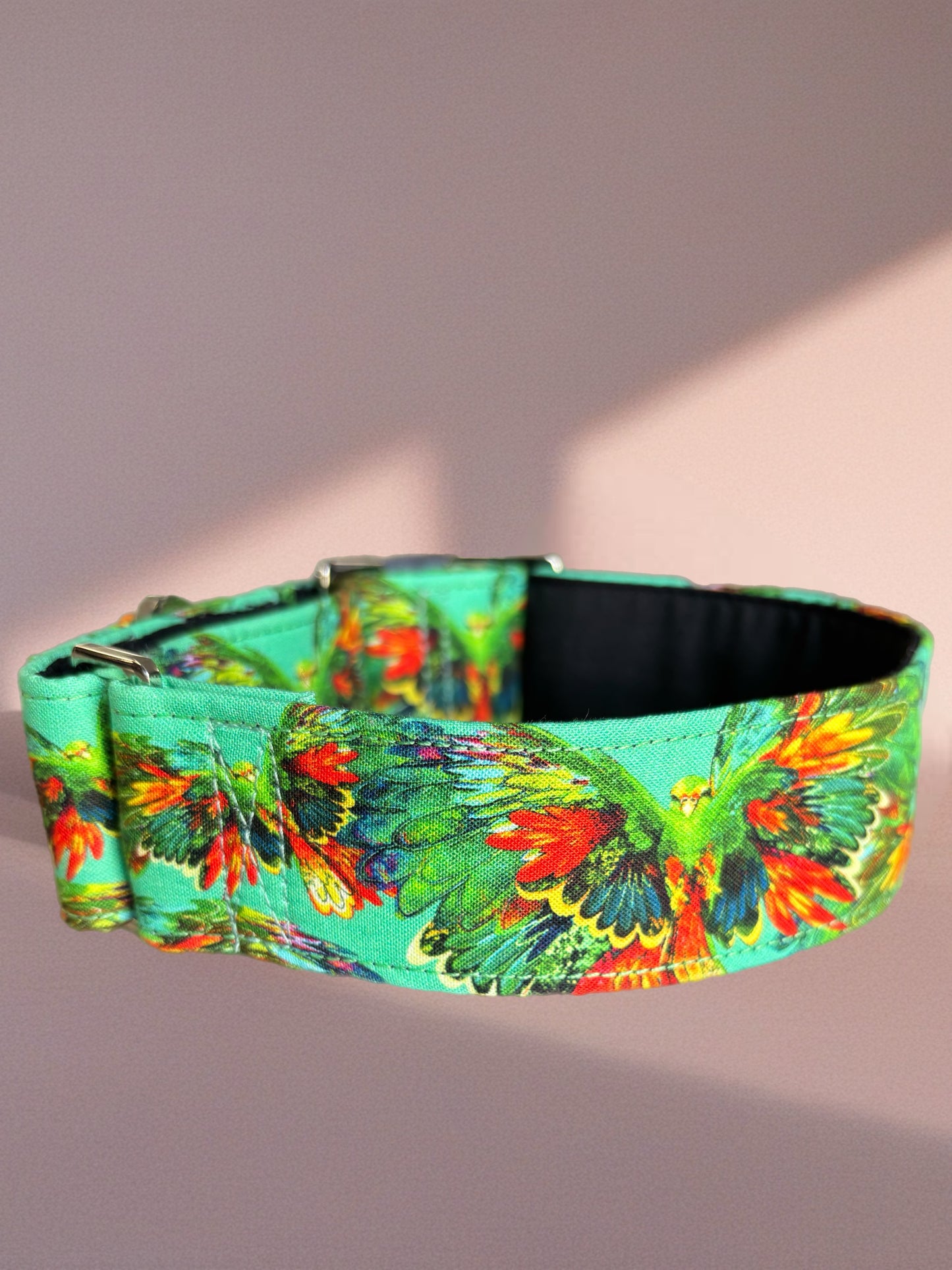 Stunning green macaw cotton covered greyhound Martingale collar 38mm or 50 mm wide super soft. Limited stock until after Christmas