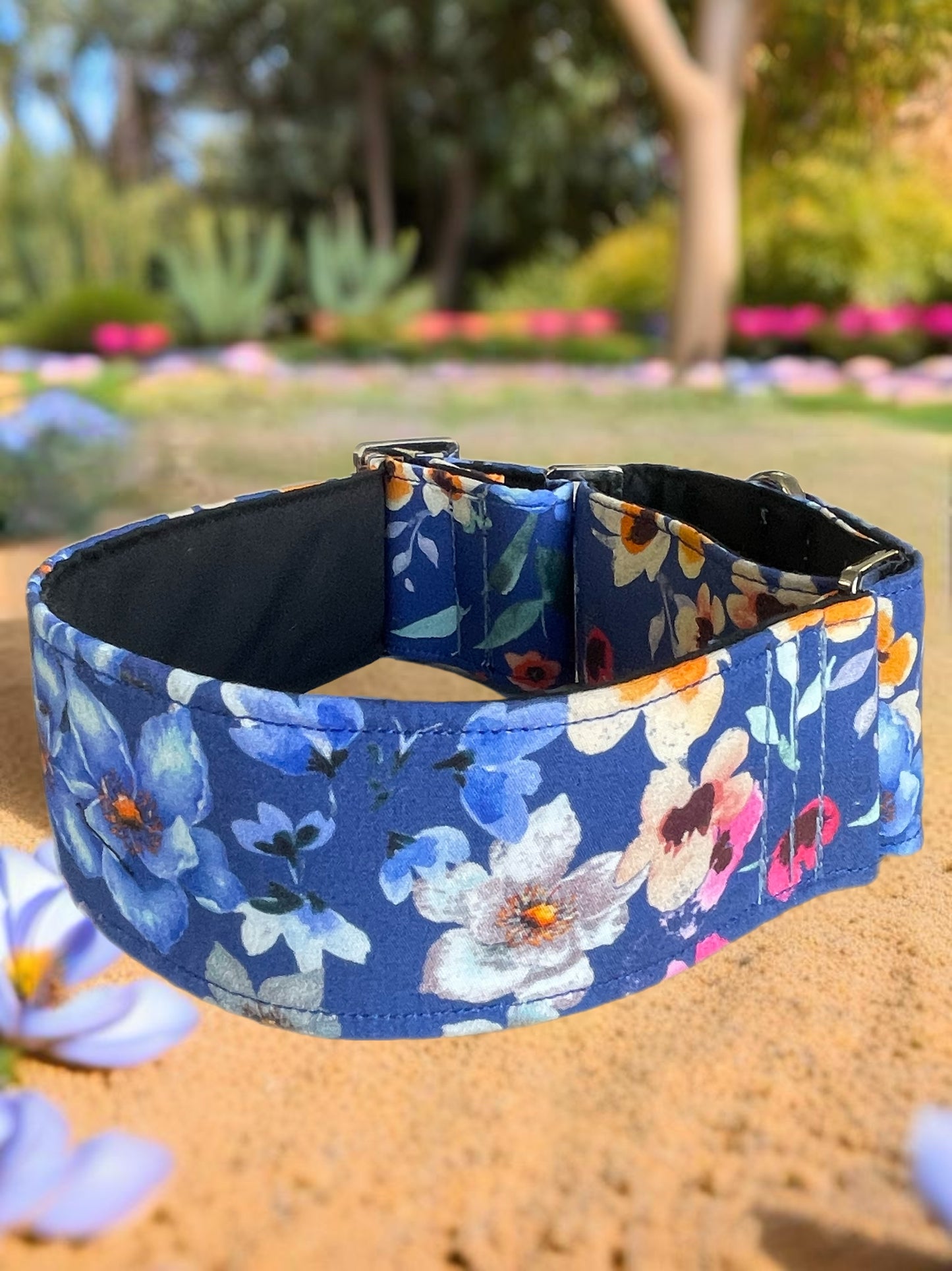 Blue hues of romantic flowers design greyhound Martingale collar cotton covered super soft