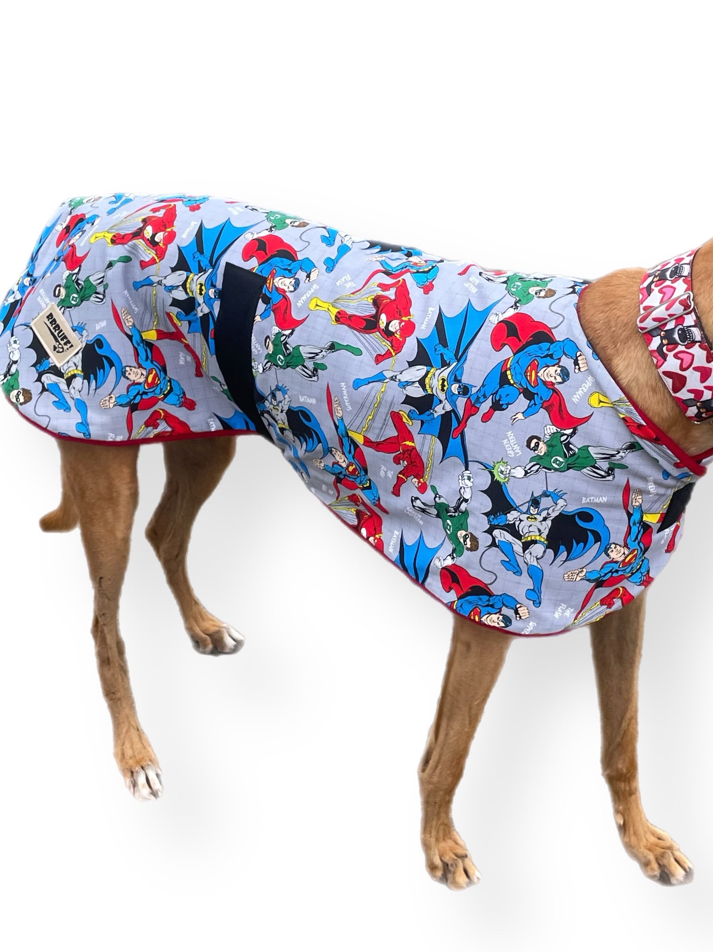 Spring classic style Greyhound coat superheroes design in a sturdy cotton & lush fleece washable