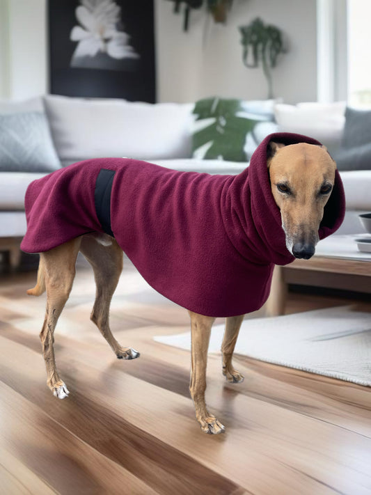 Burgundy Greyhound Deluxe Dog coat dog rug, extra thick double polar fleece black washable extra wide hoodie