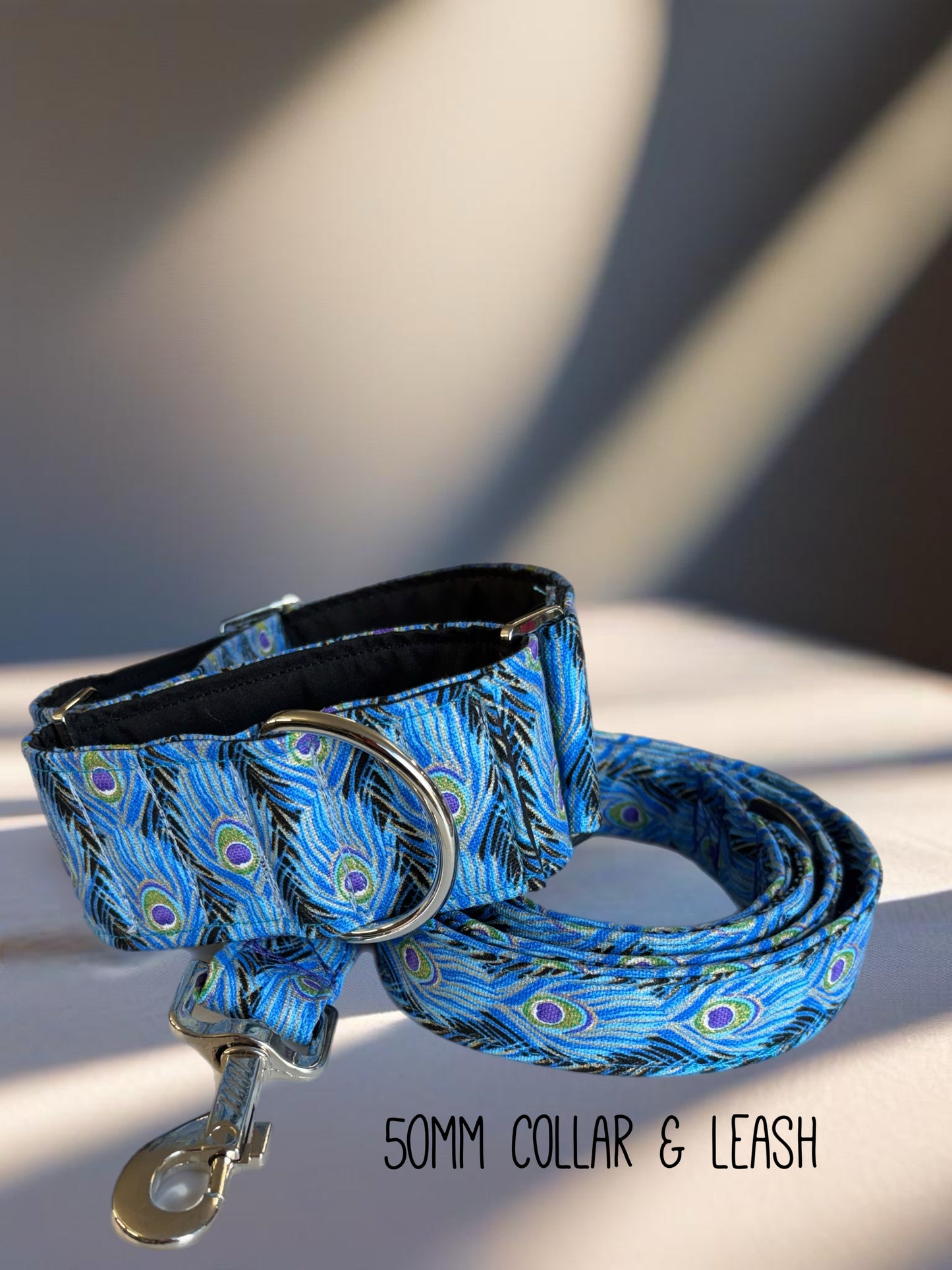 Peacock feathers featuring a shimmer thread cotton covered greyhound Martingale collar 50mm width