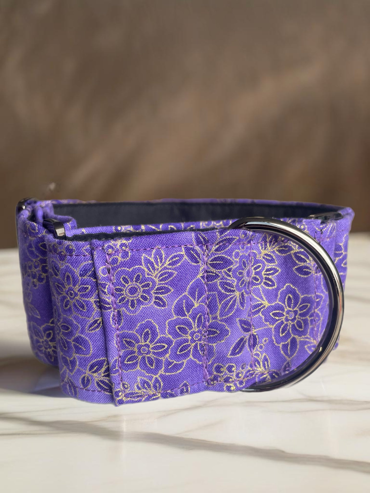 Lux purple with gold swirl cotton covered greyhound Martingale collar wide lightweight