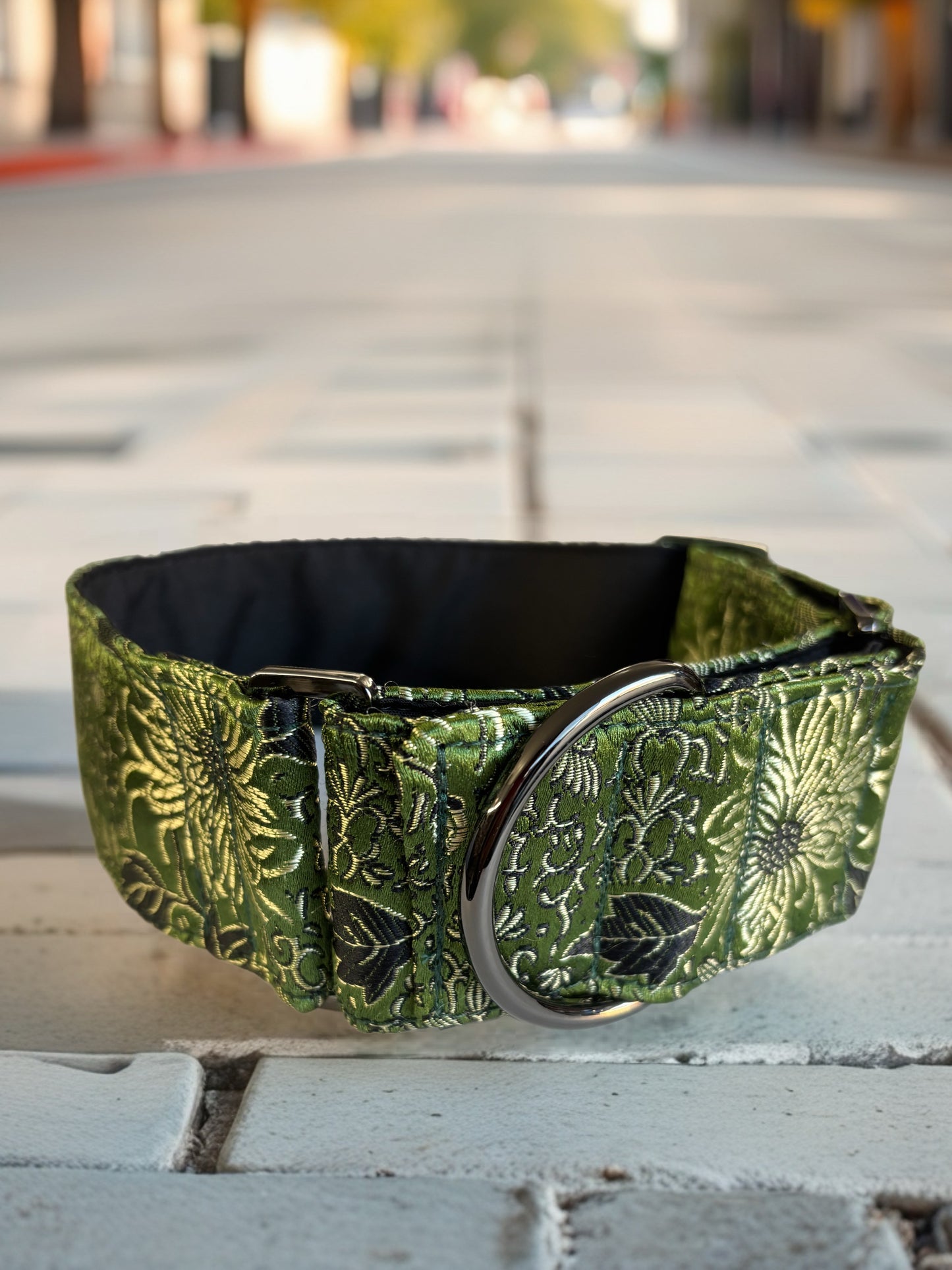 Oriental Printed Brocade in Sage Greyhound Martingale collar 50mm width soft