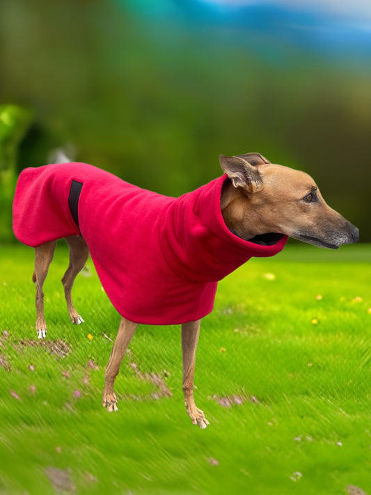 Greyhound deluxe style coat in luscious red washable extra thick double polar fleece