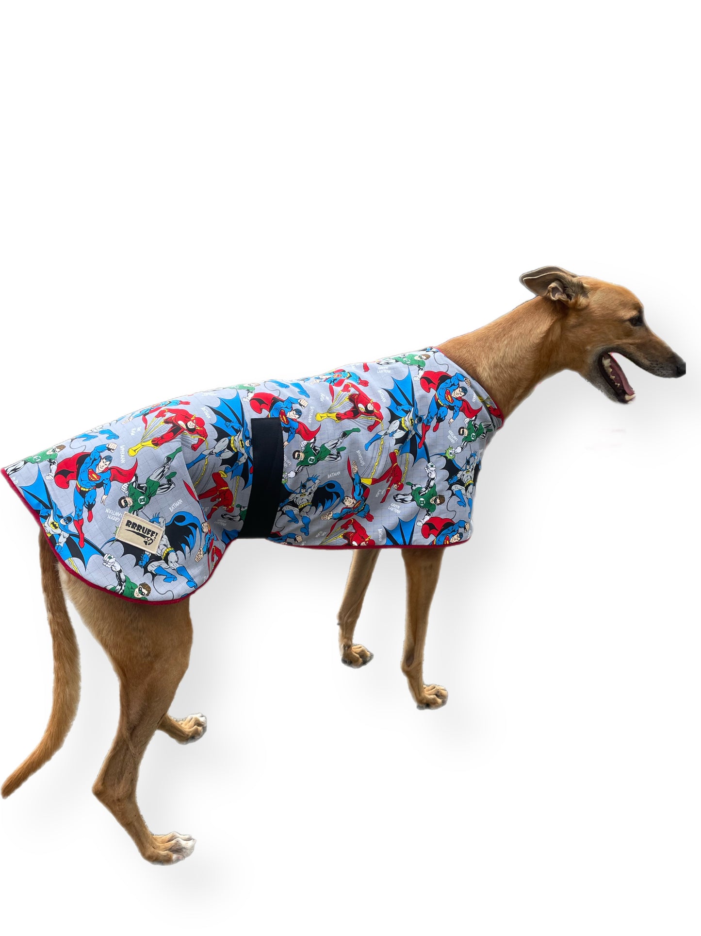 Spring classic style Greyhound coat superheroes design in a sturdy cotton & lush fleece washable