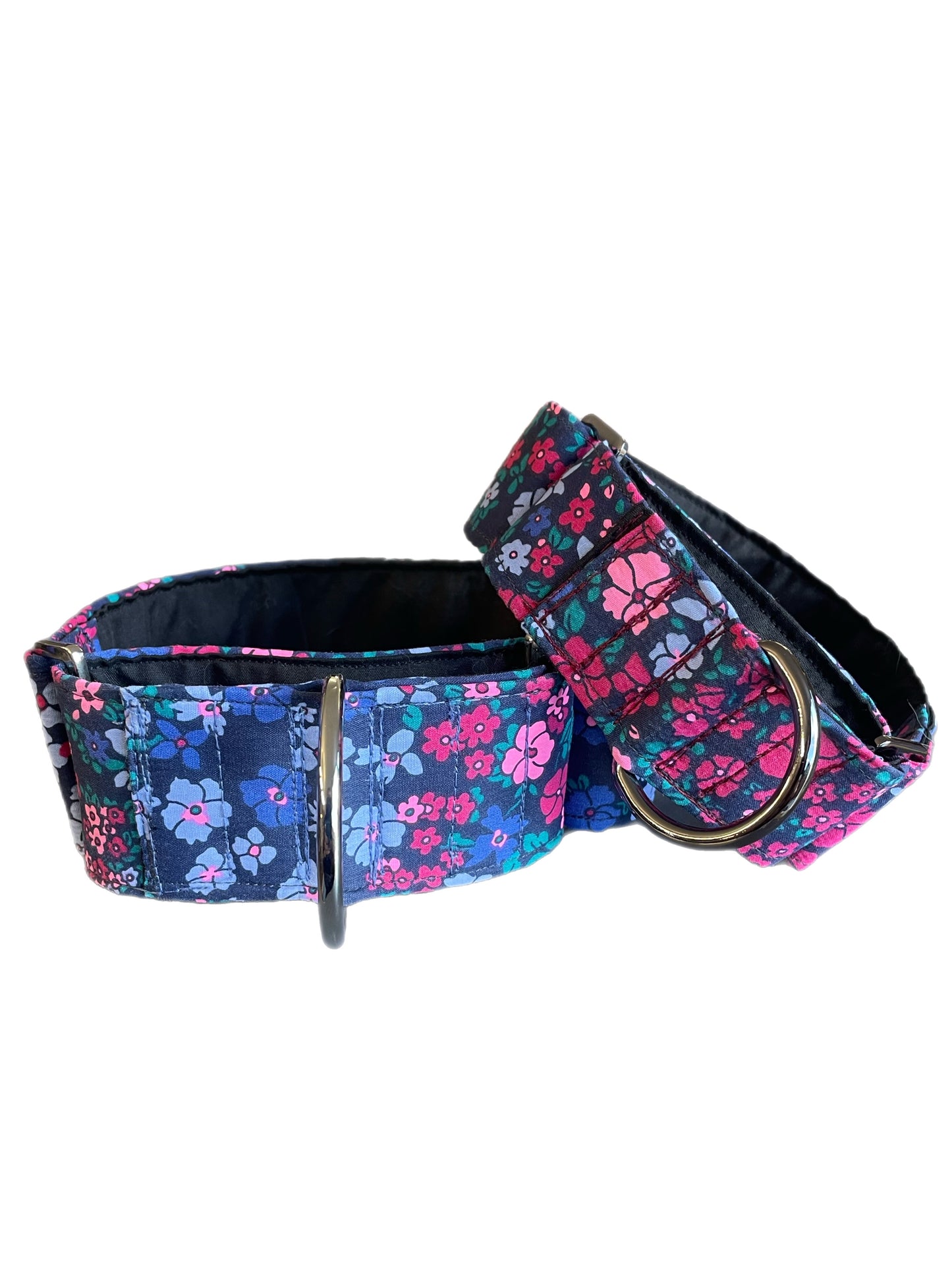 Cotton covered floral print on navy greyhound Martingale collar 50mm width, whippet 38mm