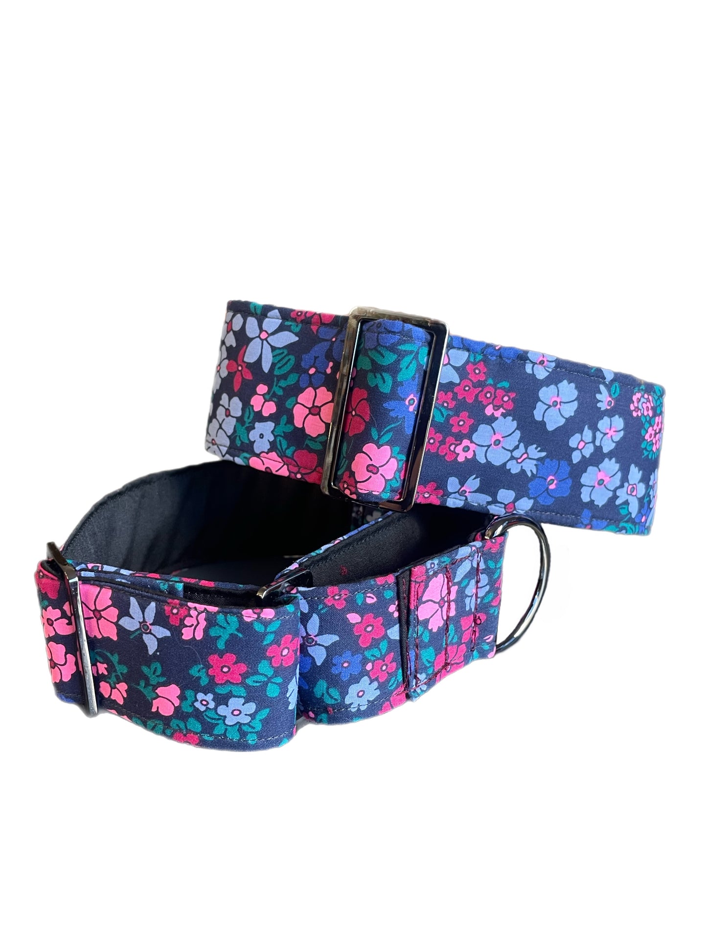 Cotton covered floral print on navy greyhound Martingale collar 50mm width, whippet 38mm