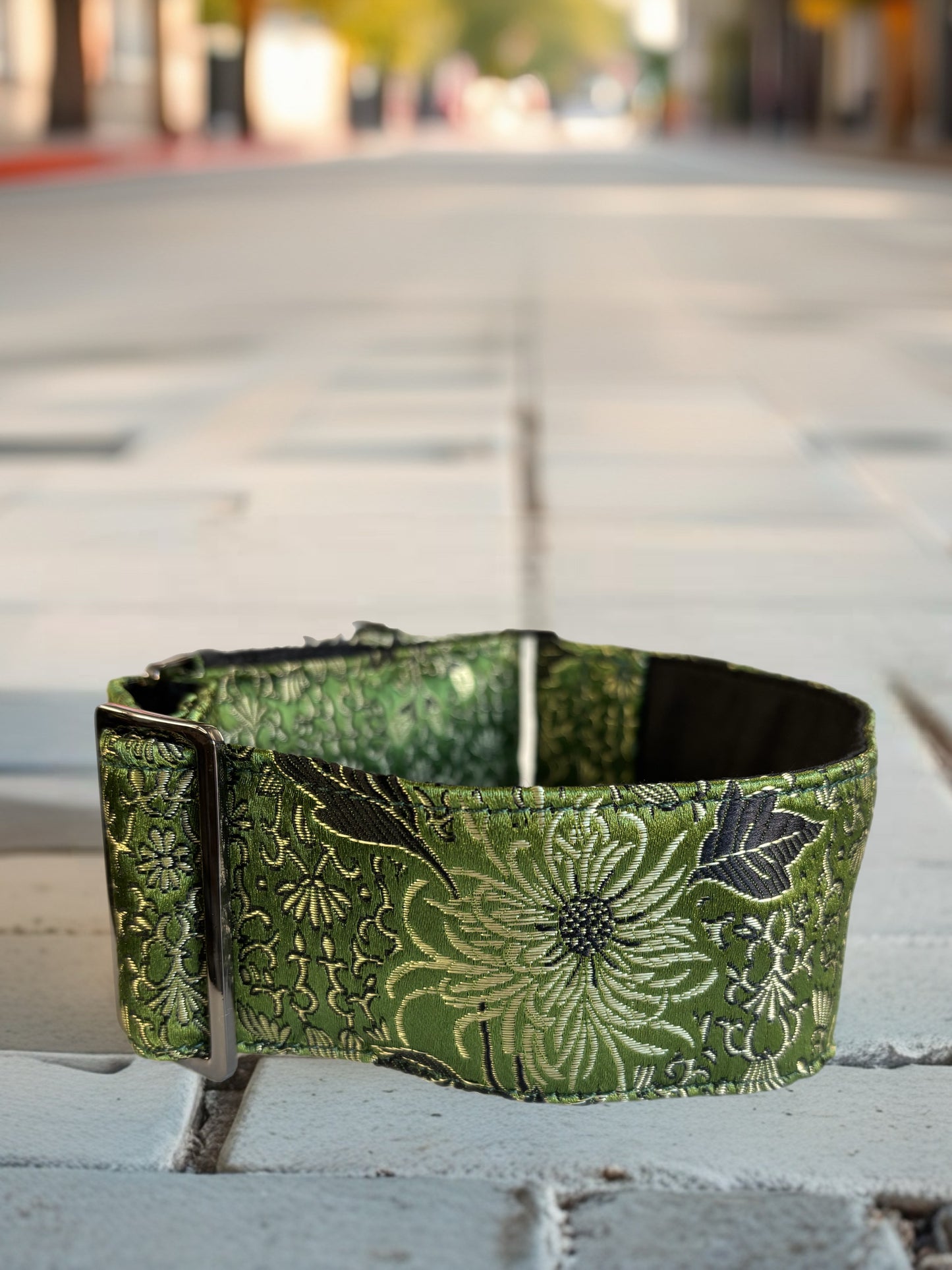 Oriental Printed Brocade in Sage Greyhound Martingale collar 50mm width soft