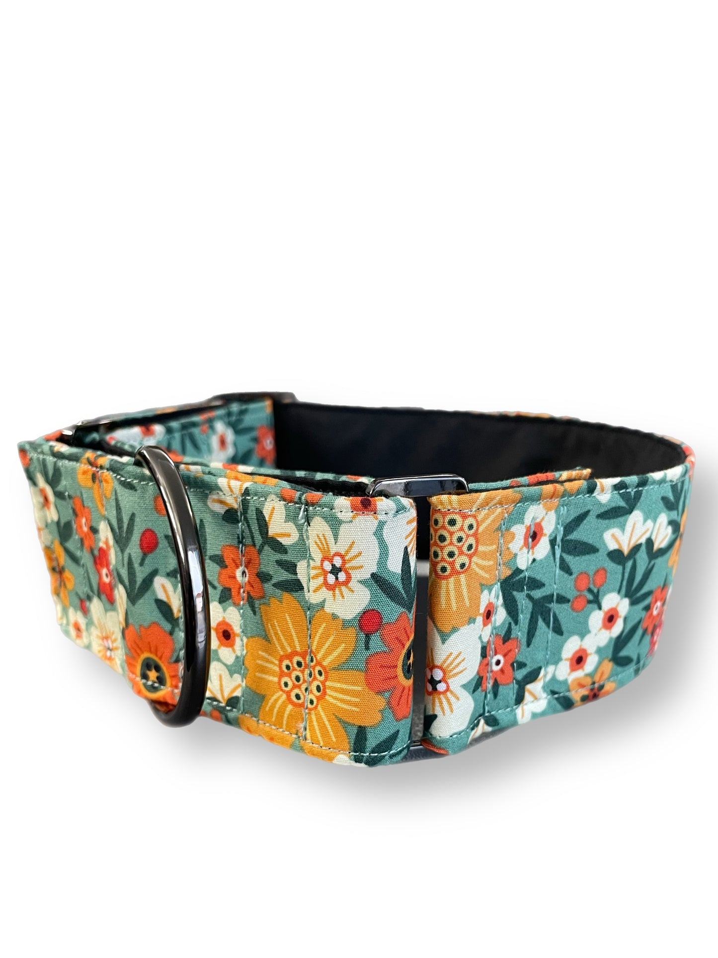 Autumn floral design in warm hues with orange & yellow greyhound Martingale collar cotton covered 50mm width