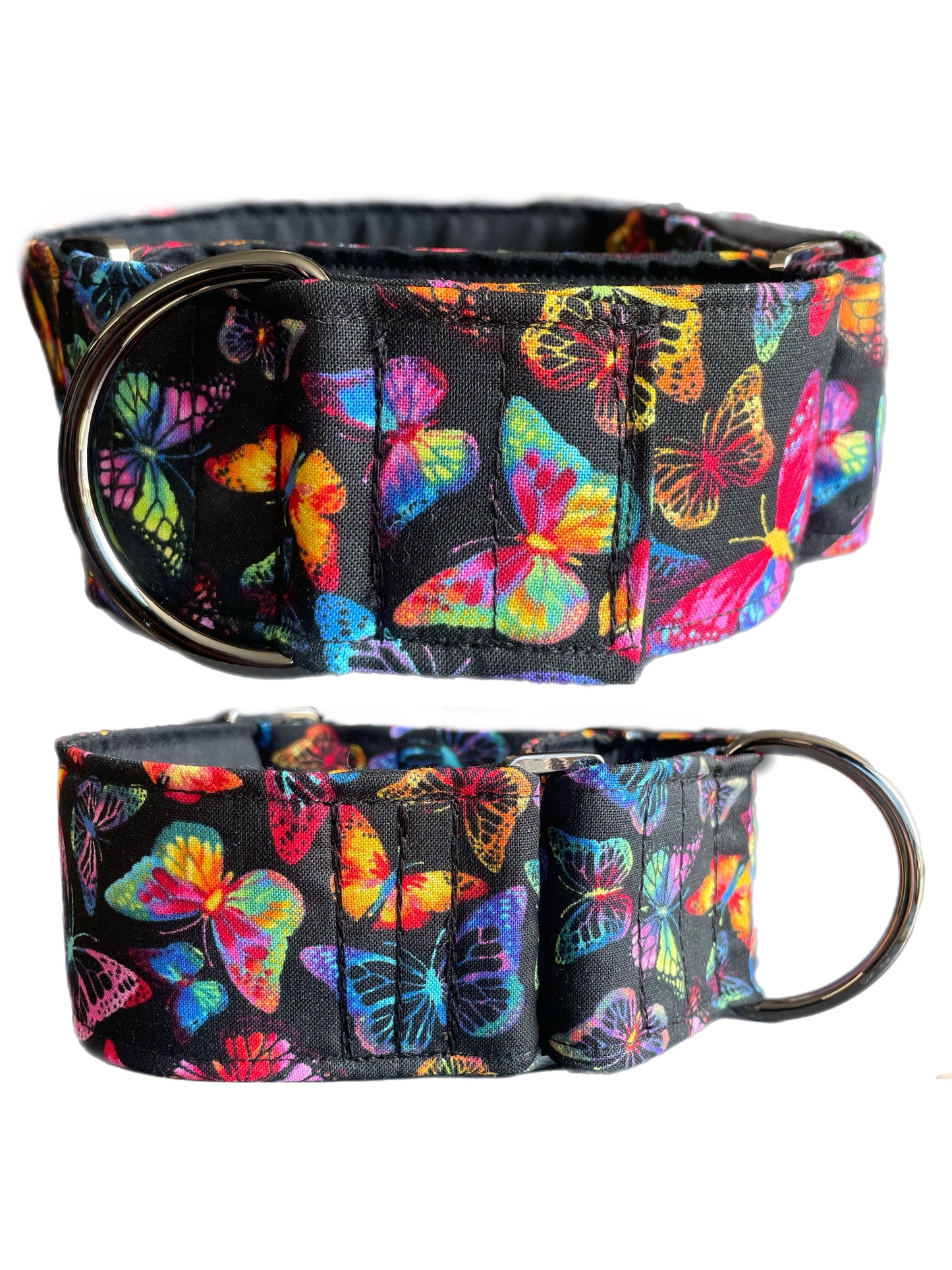 Colourful Butterflies on black Cotton covered greyhound Martingale collar 50mm width super soft