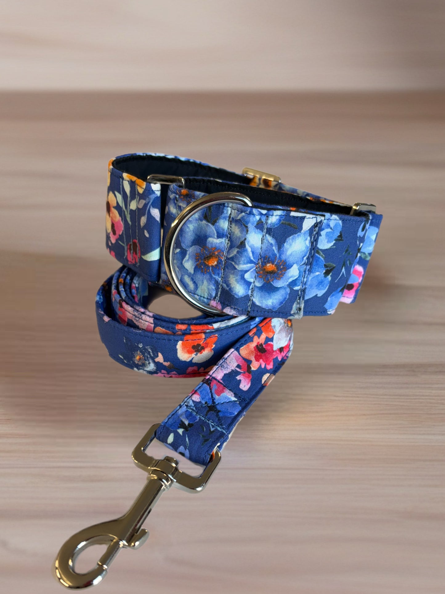 Blue hues of romantic flowers design greyhound Martingale collar cotton covered super soft