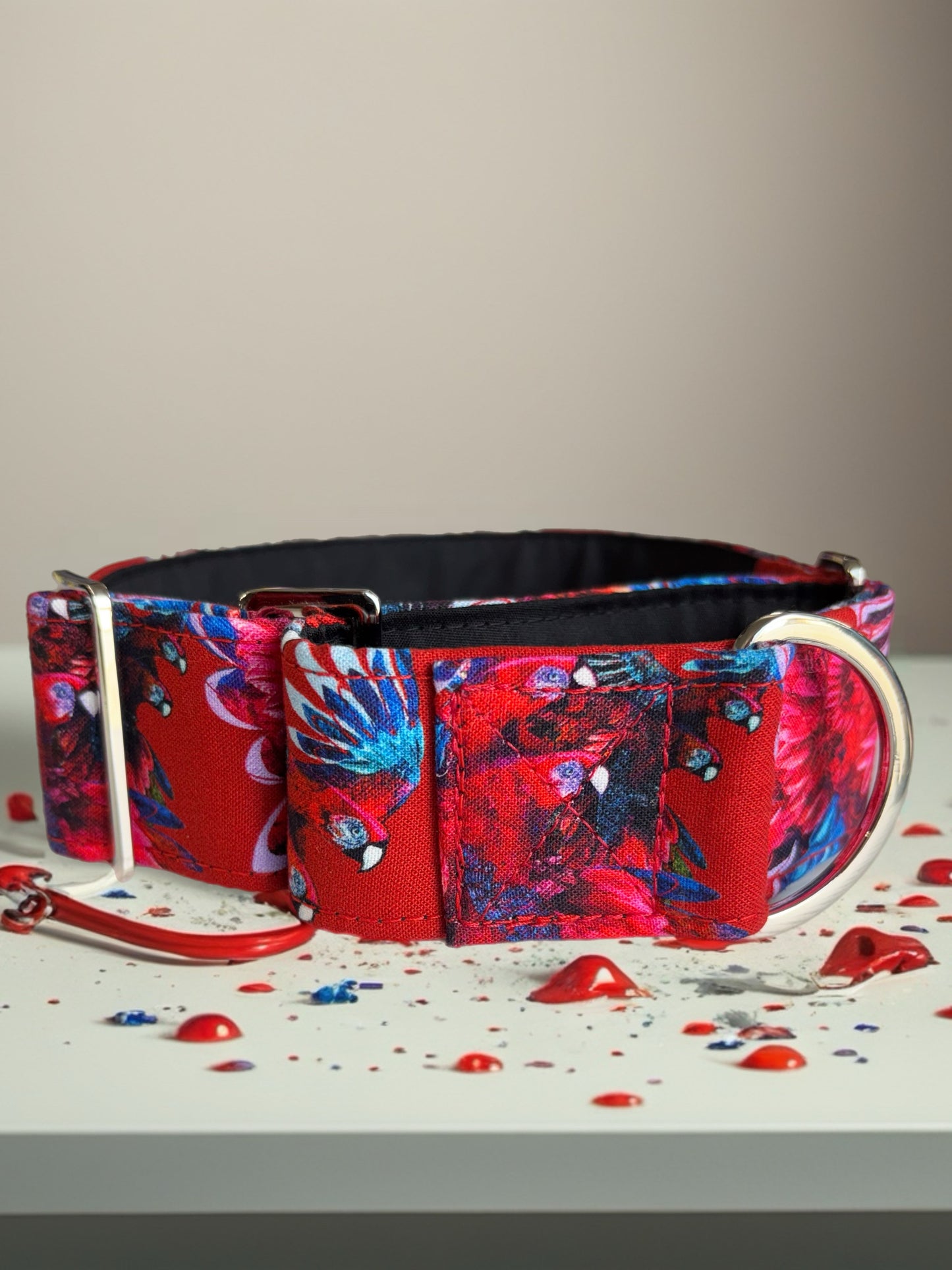 Bold scarlet macaw cotton covered greyhound Martingale collar 38mm wide super soft. Limited stock until after Christmas