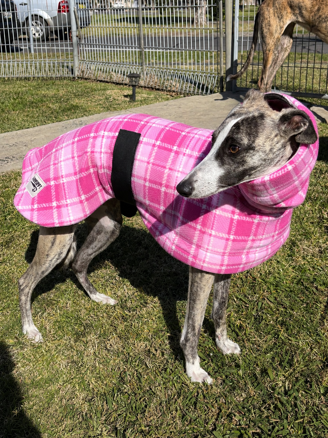 Tradie lady pink Lumberjack Greyhound & whippet coat in deluxe style rug pink tartan check polar fleece washable extra wide neck