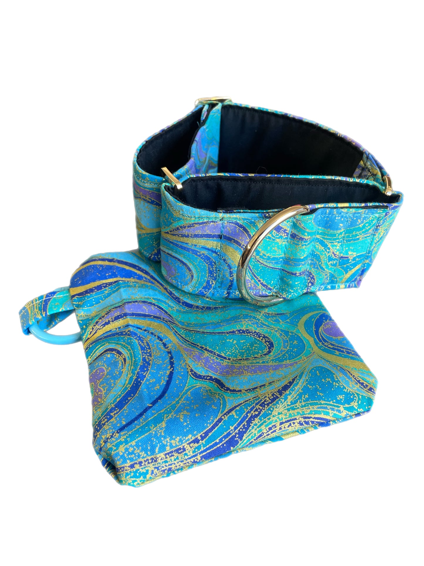 Cotton covered greyhound Martingale collar aqua turquoise gold shimmer wide super soft