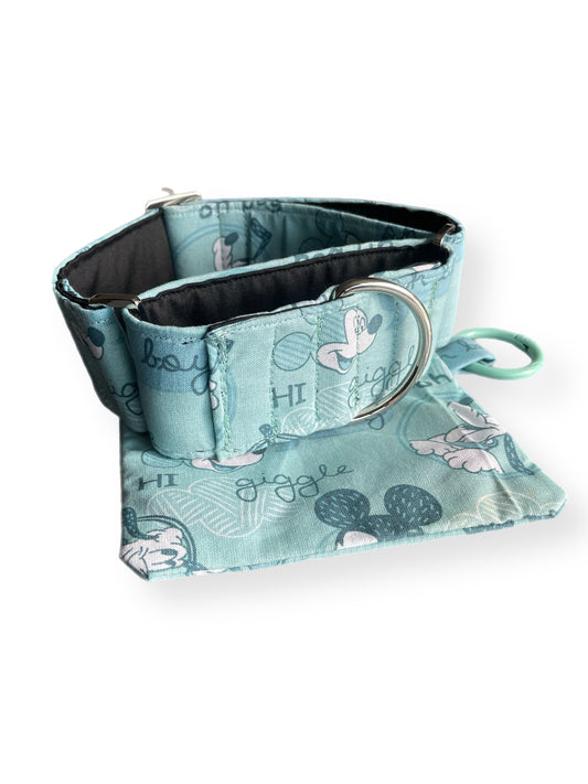 Mickey Mouse & Pluto on a soft sage, wide greyhound and whippet Martingale collar cotton super soft