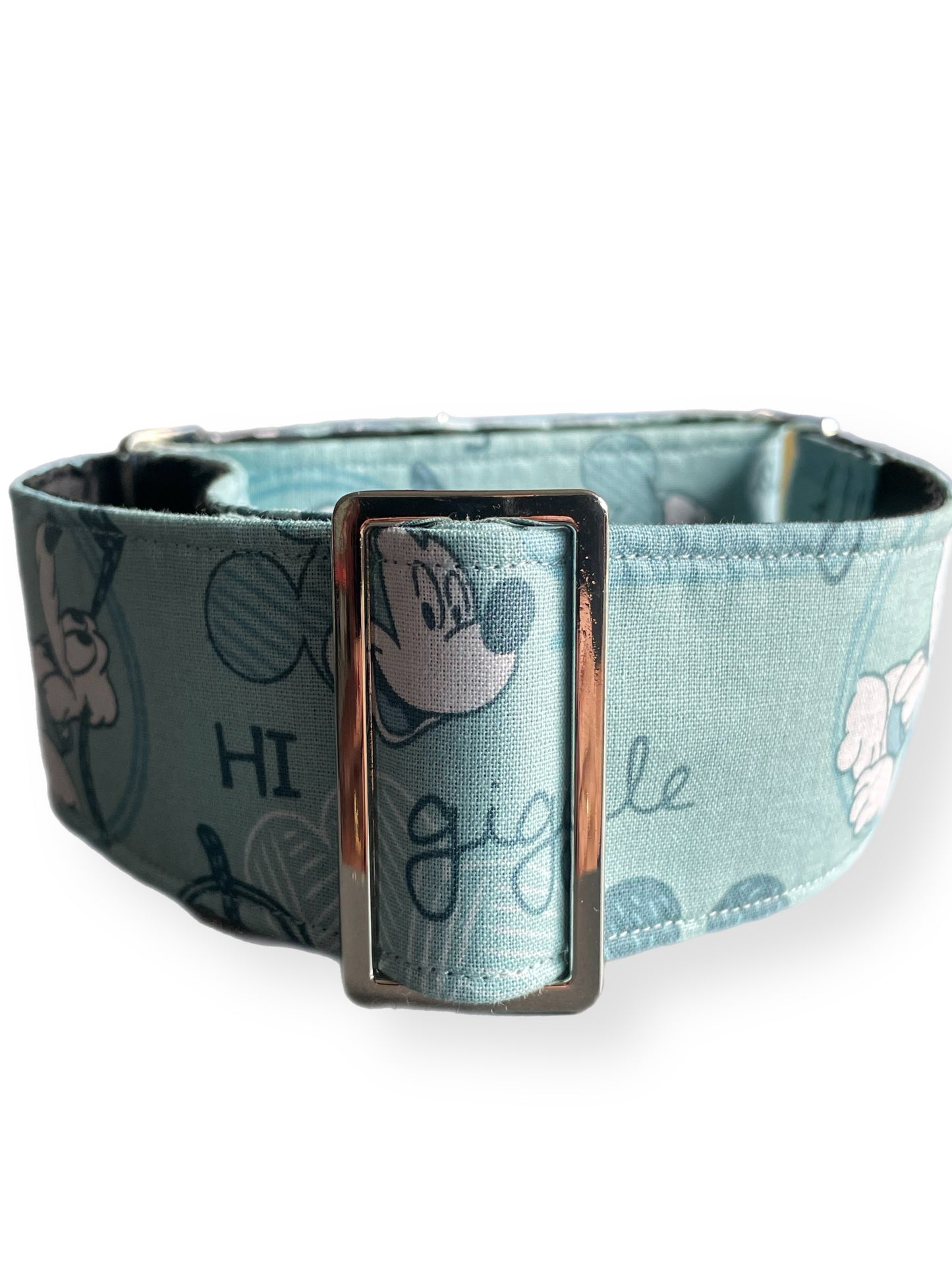 Mickey Mouse & Pluto on a soft sage, wide greyhound and whippet Martingale collar cotton super soft
