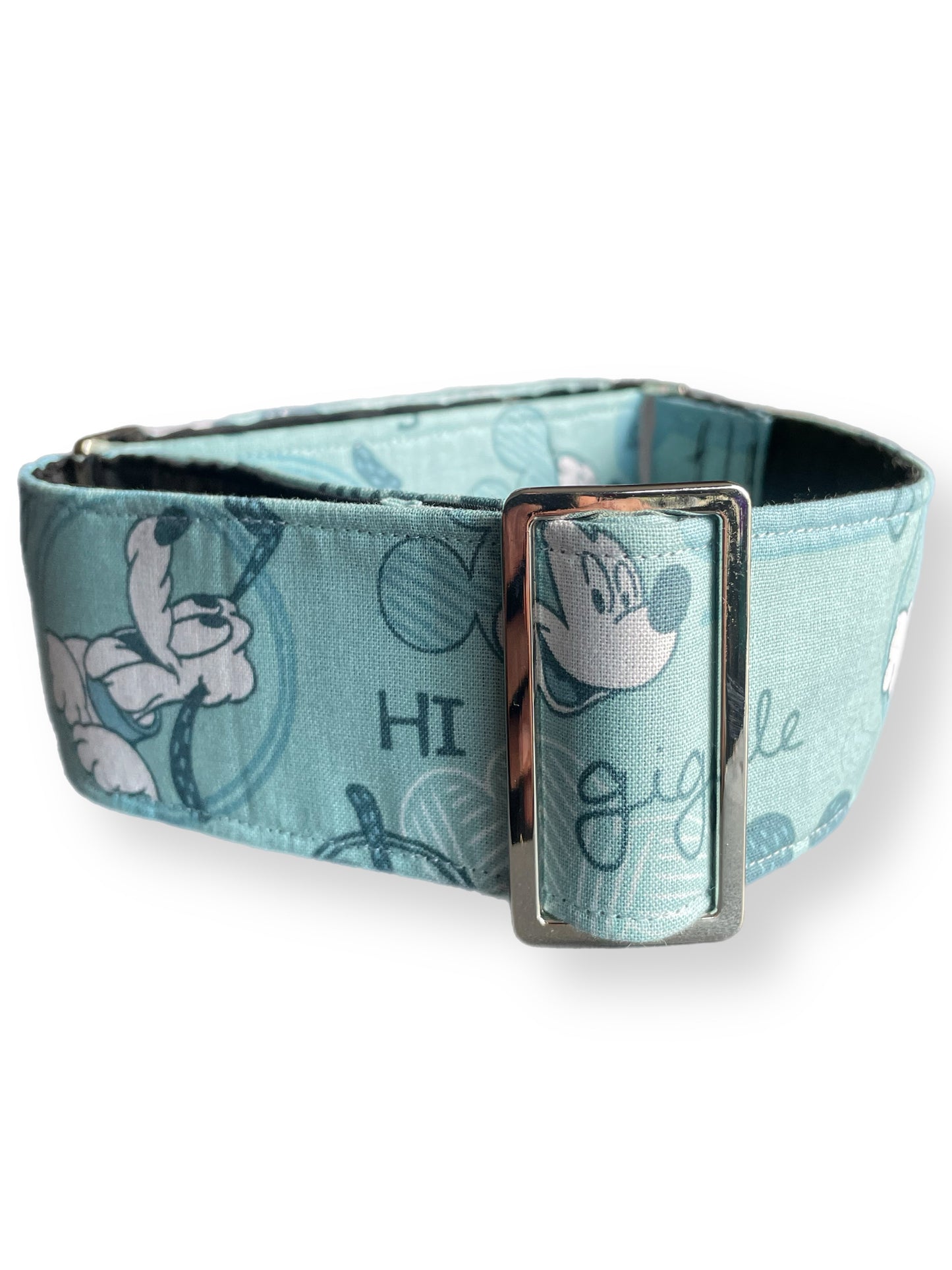 Mickey Mouse & Pluto on a soft sage, wide greyhound and whippet Martingale collar cotton super soft