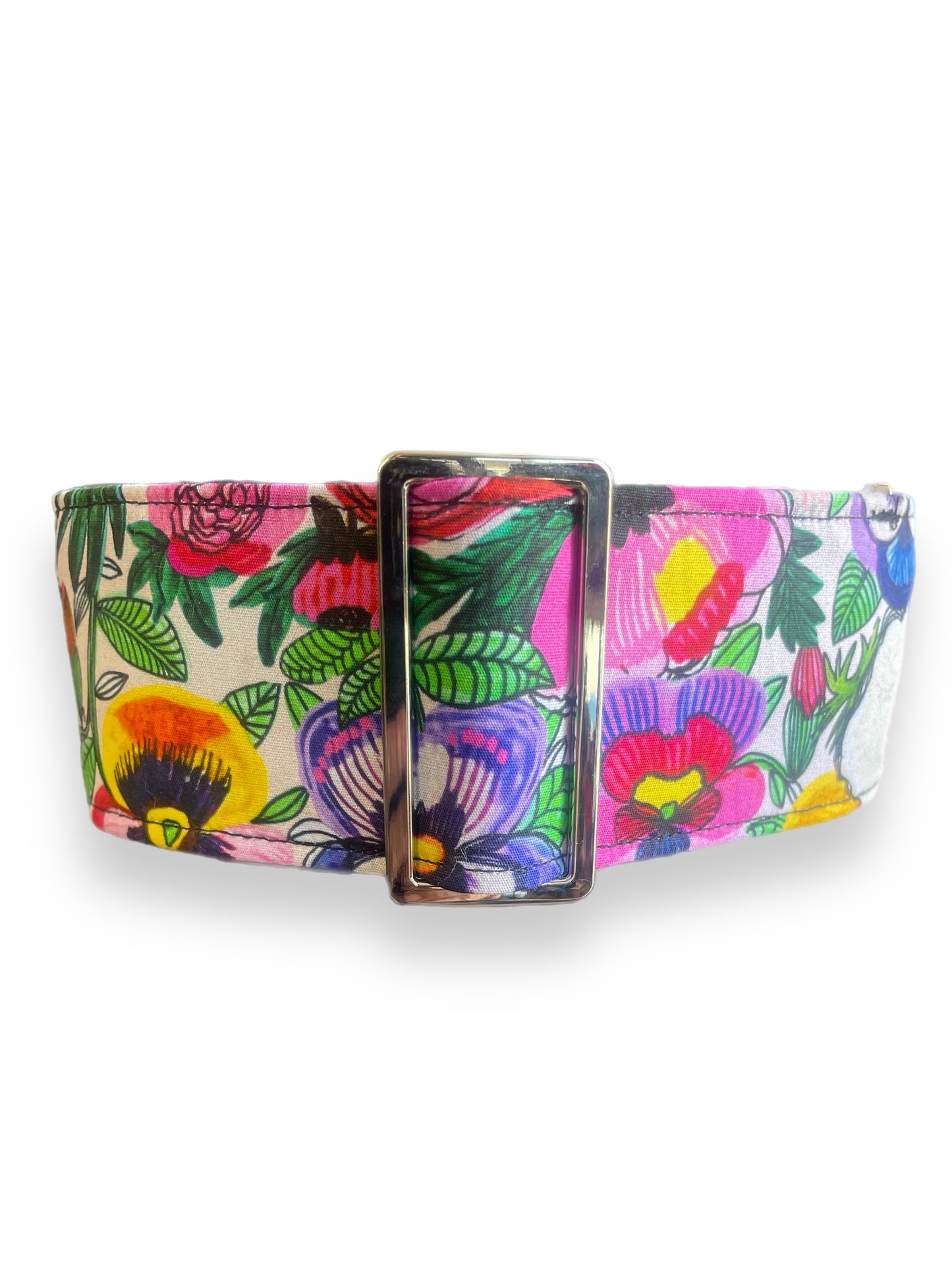 Bright pansies on vivid white greyhound Martingale collar cotton covered 50mm width super soft