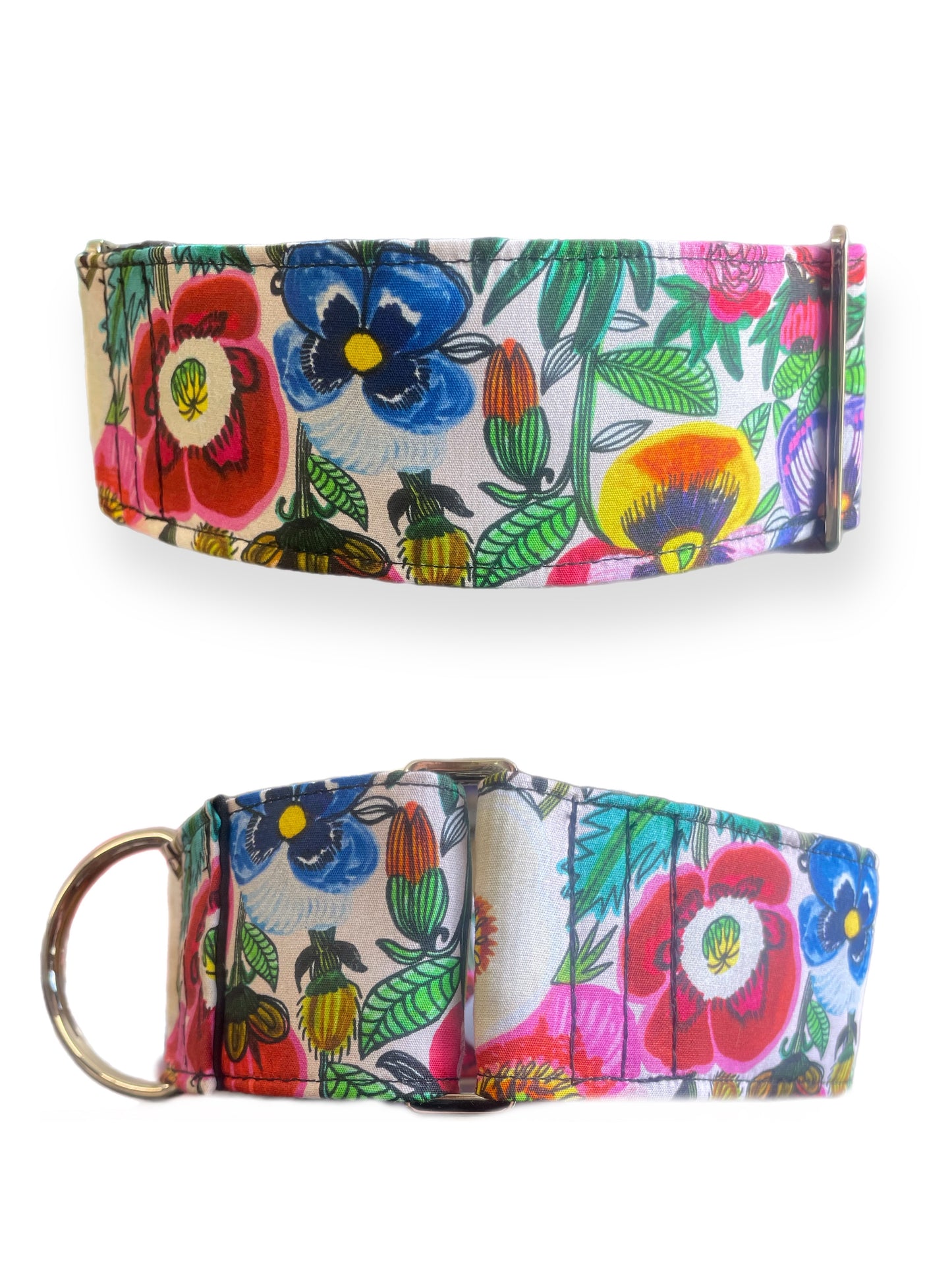 Bright pansies on vivid white greyhound Martingale collar cotton covered 50mm width super soft