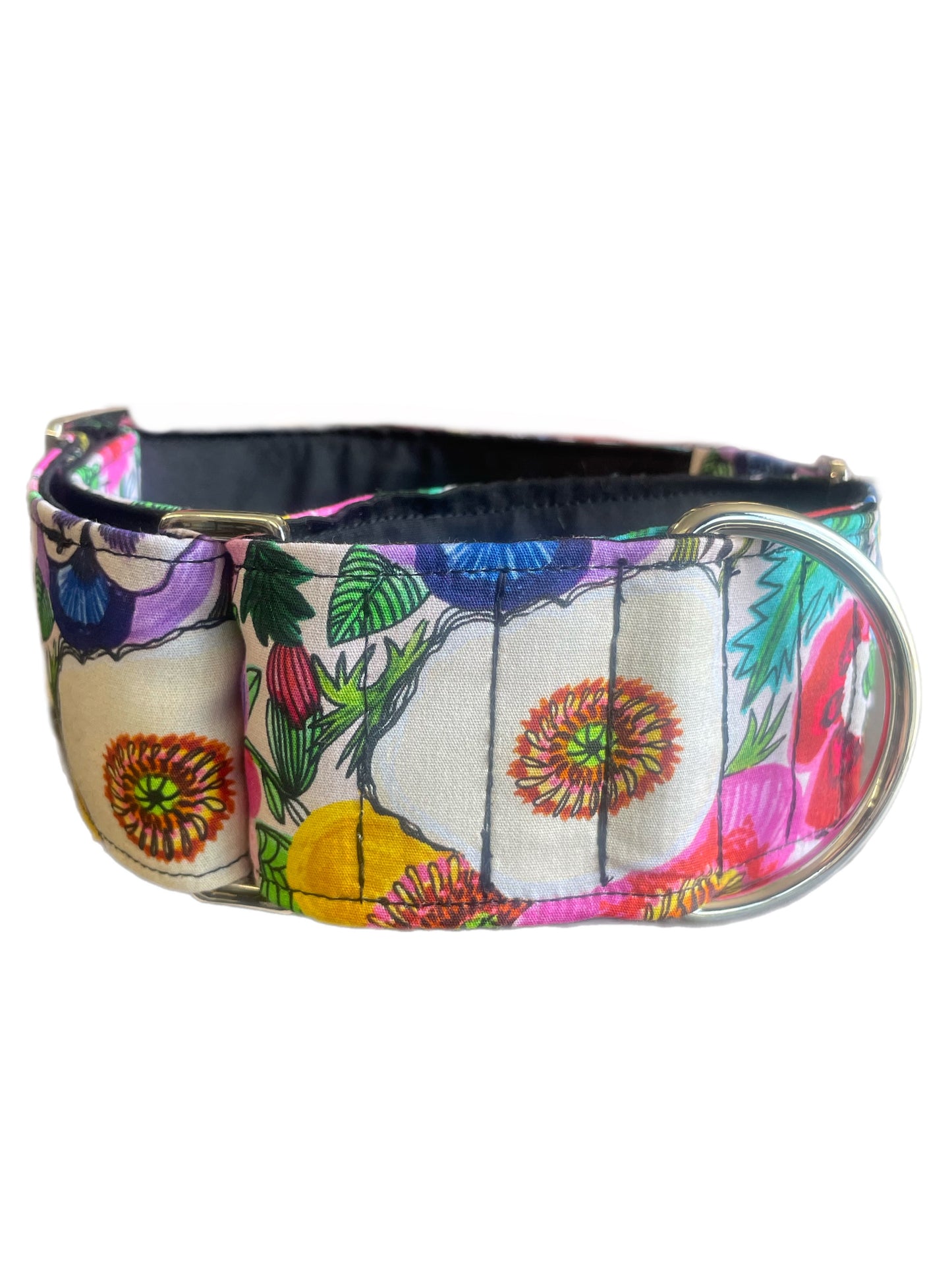 Bright pansies on vivid white greyhound Martingale collar cotton covered 50mm width super soft