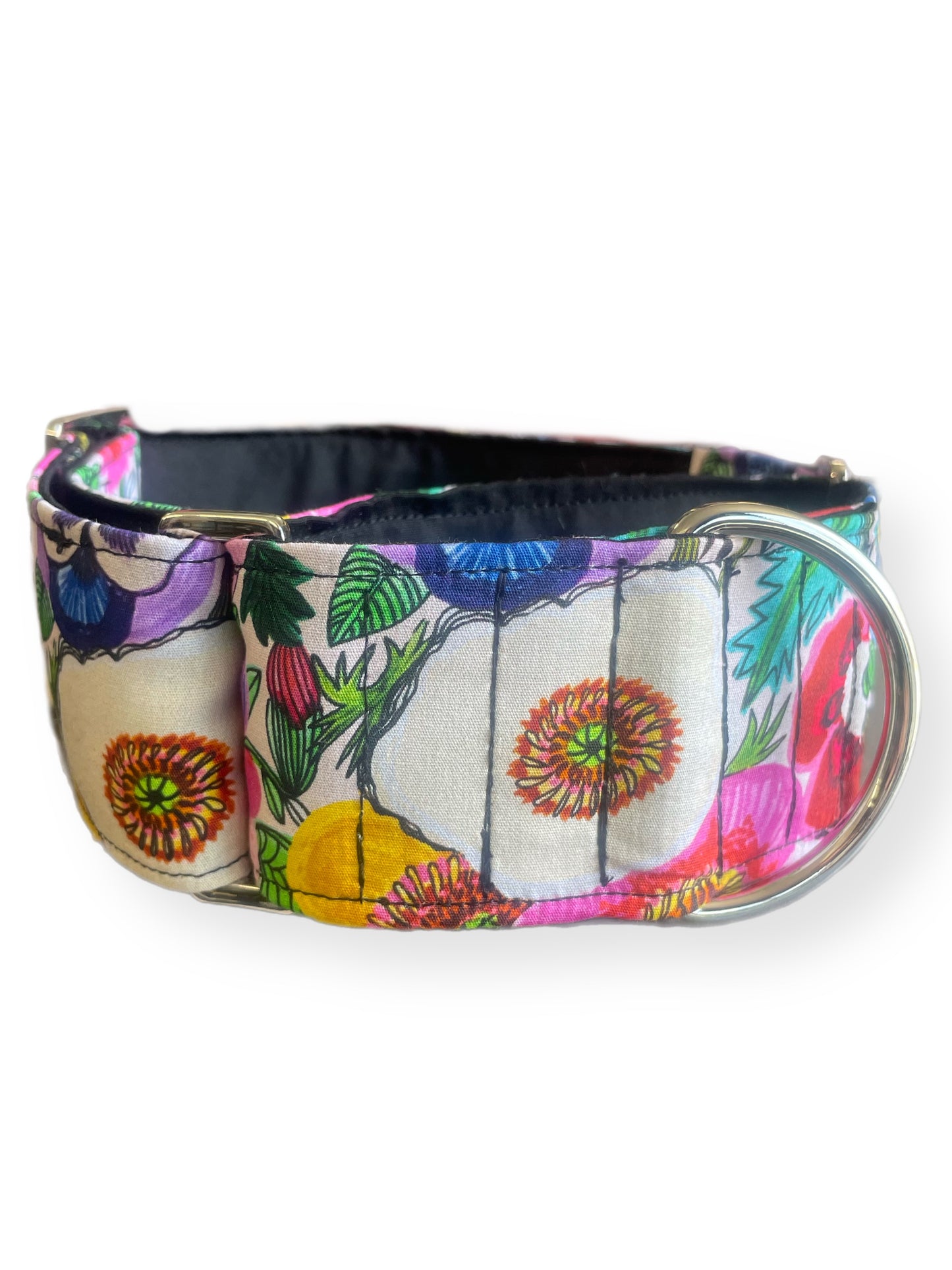 Bright pansies on vivid white greyhound Martingale collar cotton covered 50mm width super soft