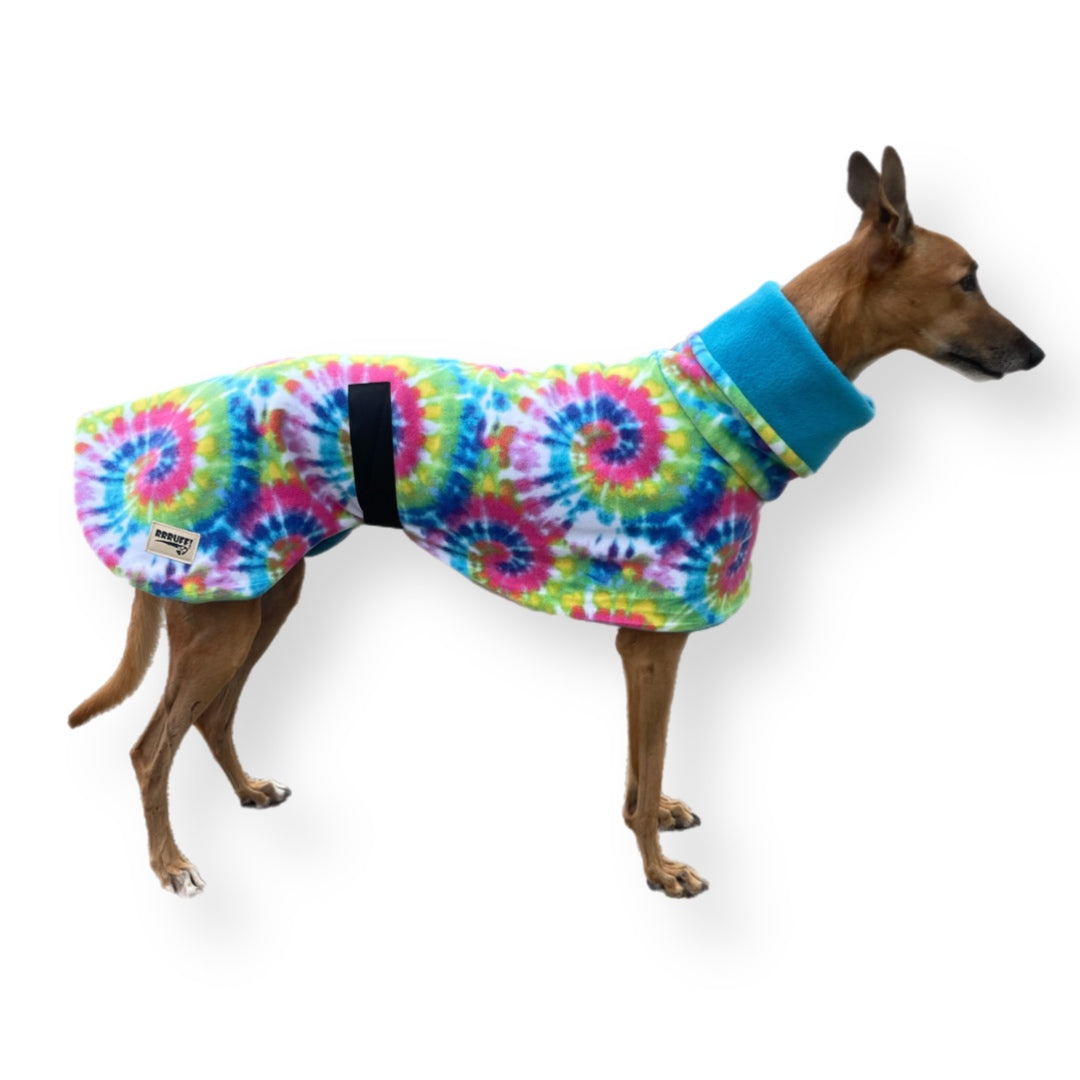 Tie dye retro bright Greyhound Deluxe coat rug thick polar fleece washable