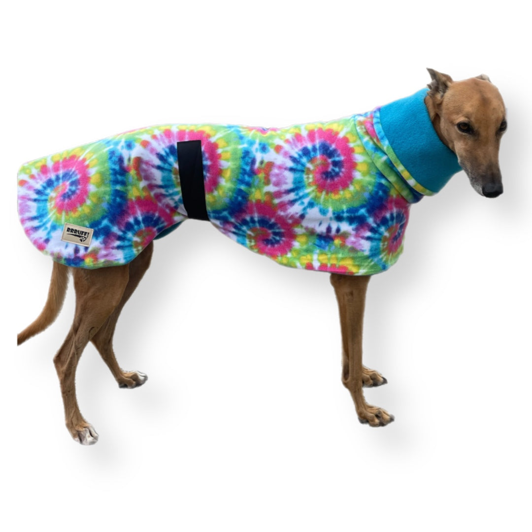 Tie dye retro bright Greyhound Deluxe coat rug thick polar fleece washable