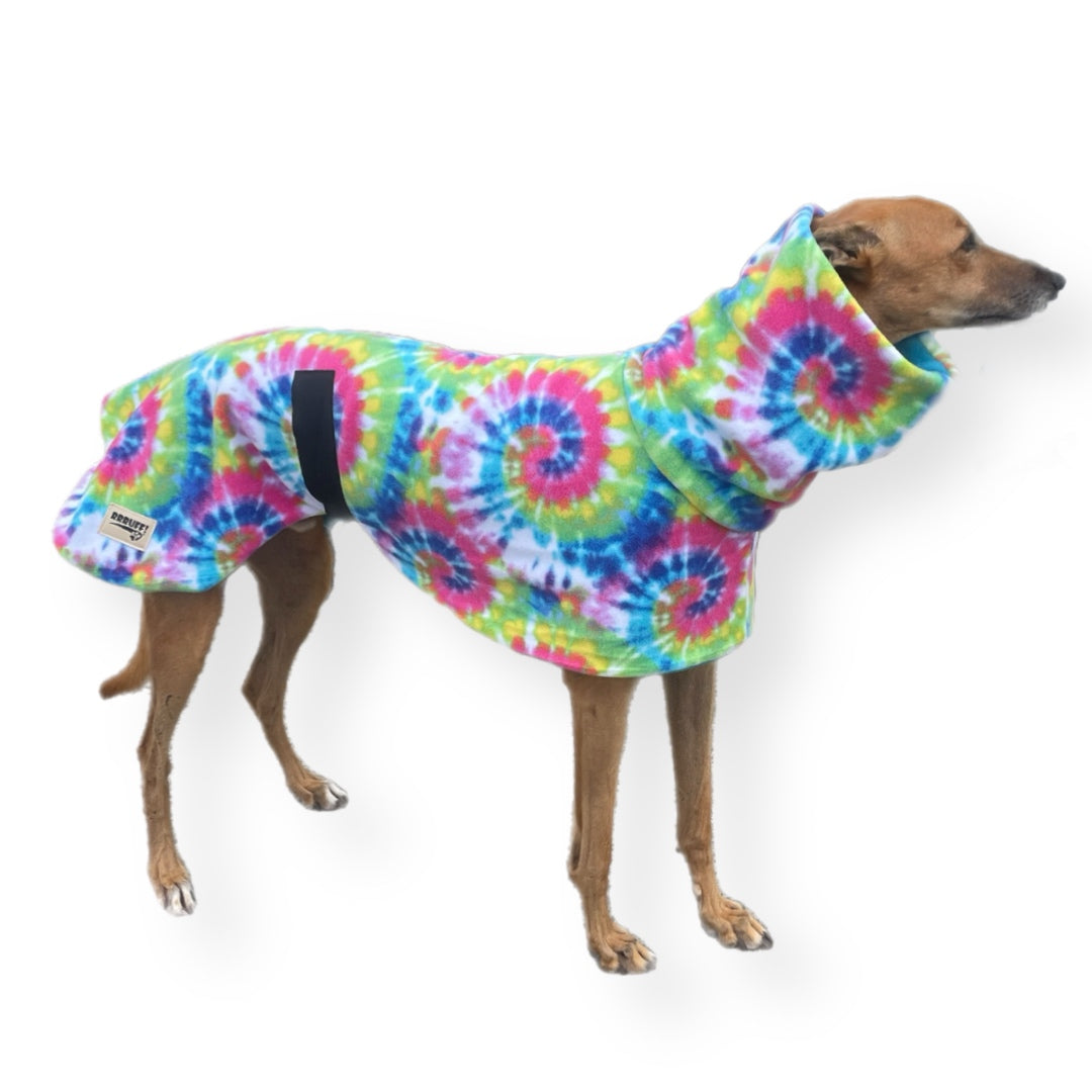 Tie dye retro bright Greyhound Deluxe coat rug thick polar fleece washable