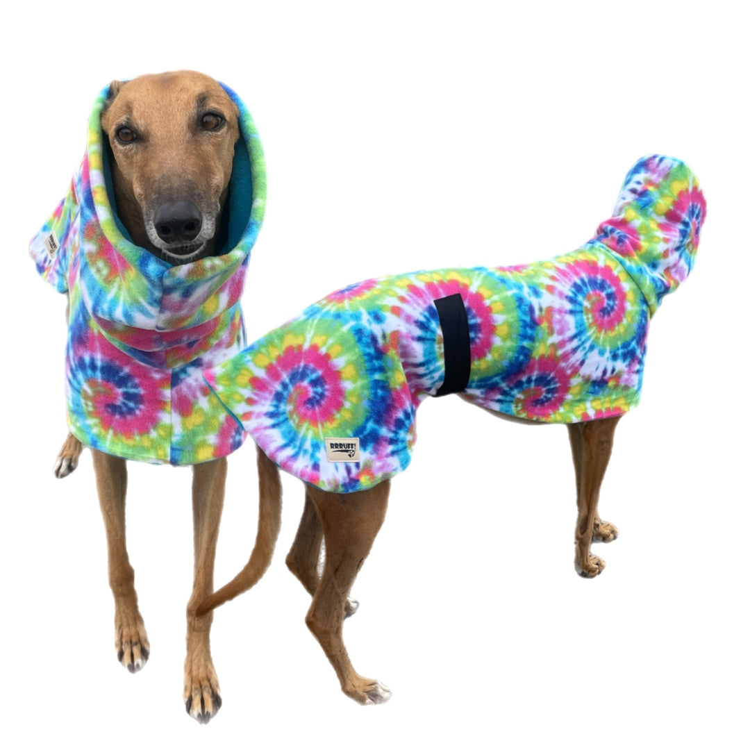 Tie dye retro bright Greyhound Deluxe coat rug thick polar fleece washable