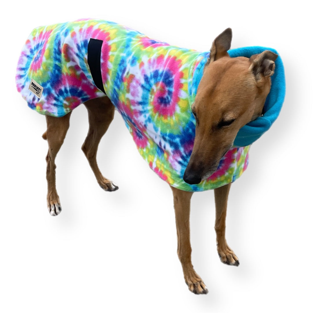 Tie dye retro bright Greyhound Deluxe coat rug thick polar fleece washable