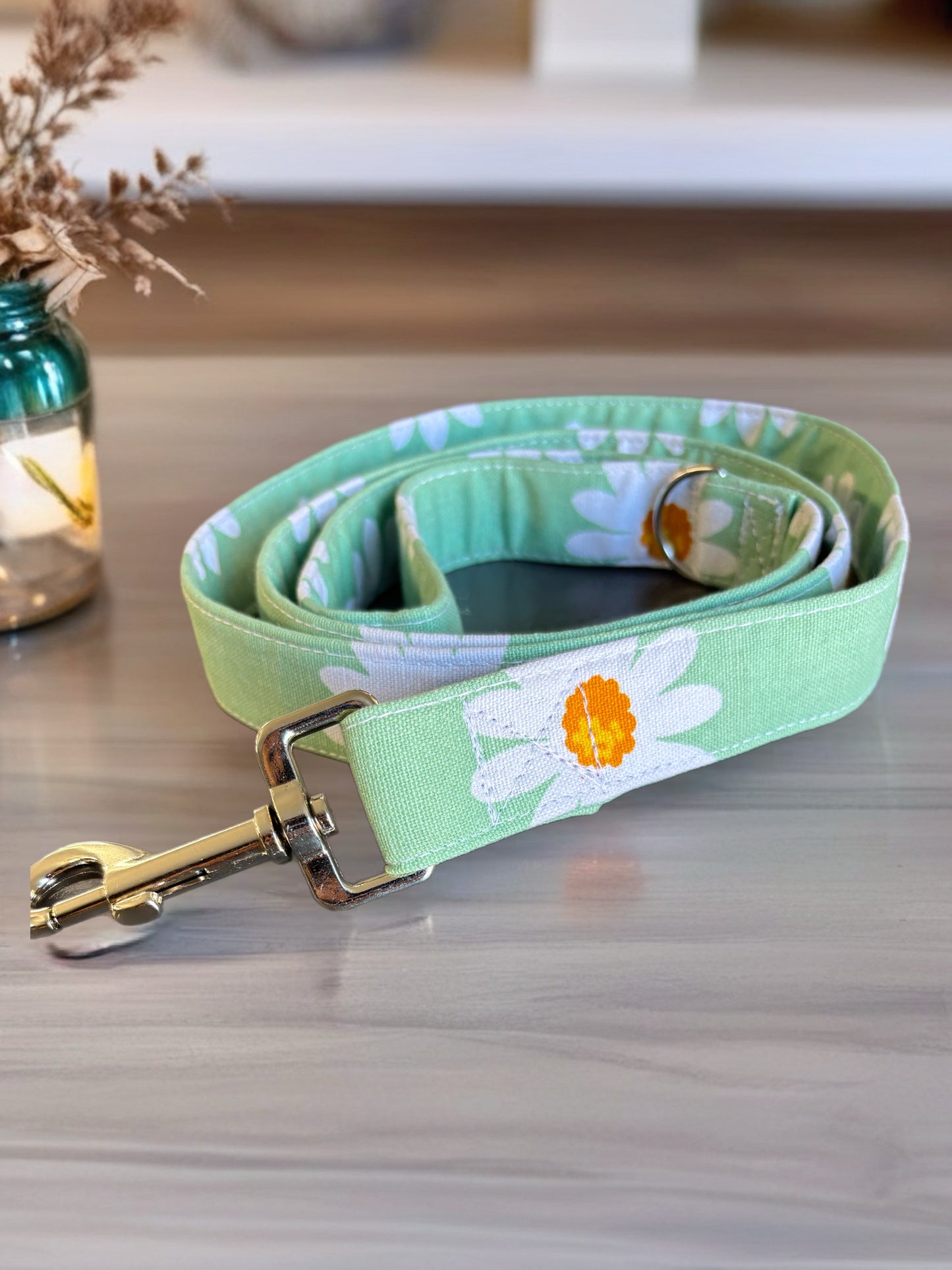 Wide Martingale collar daisies on sage sturdy cotton 50mm width