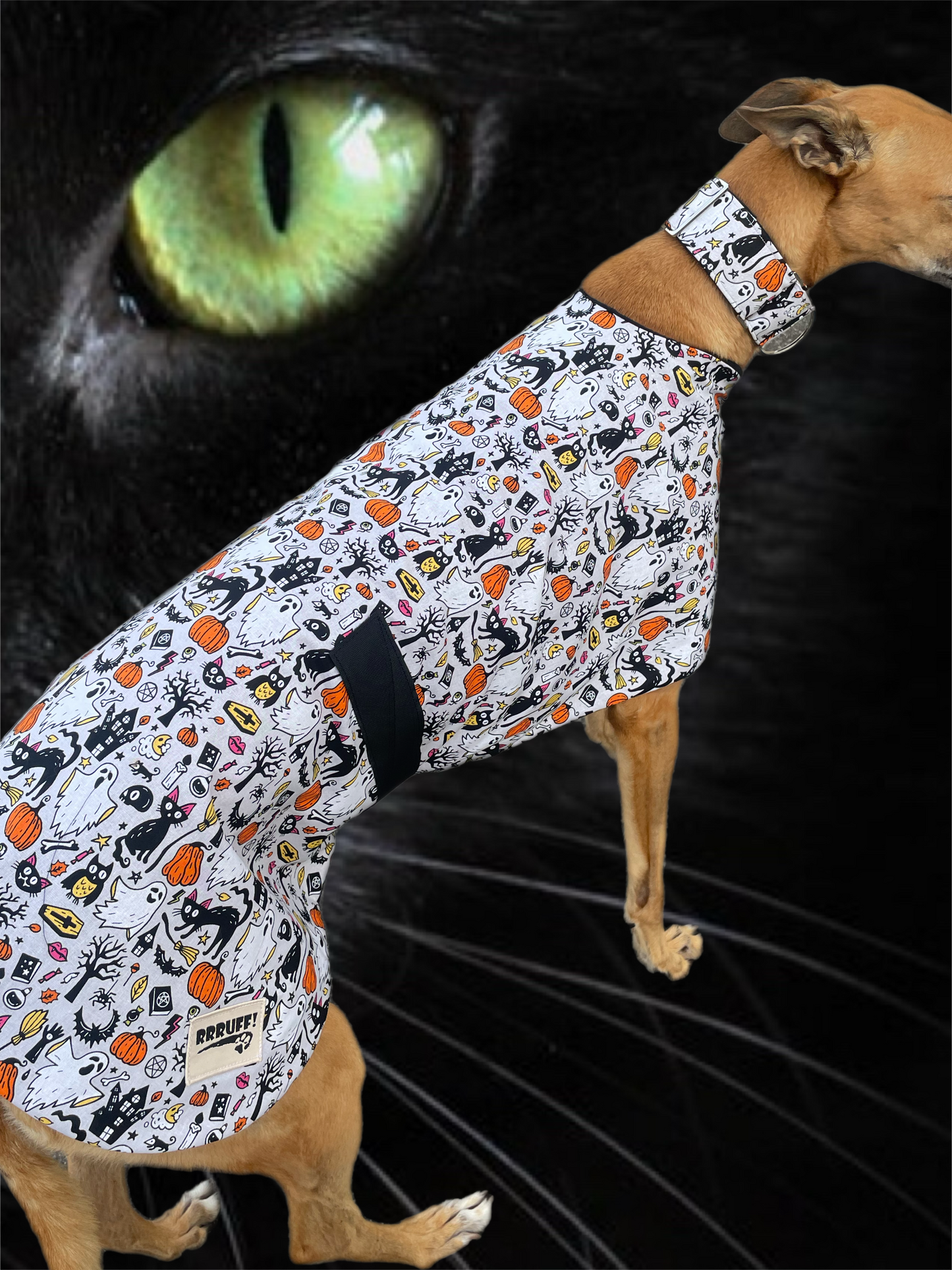 Spooky Halloween fun Greyhound coat design in lightweight cotton and fleece washable