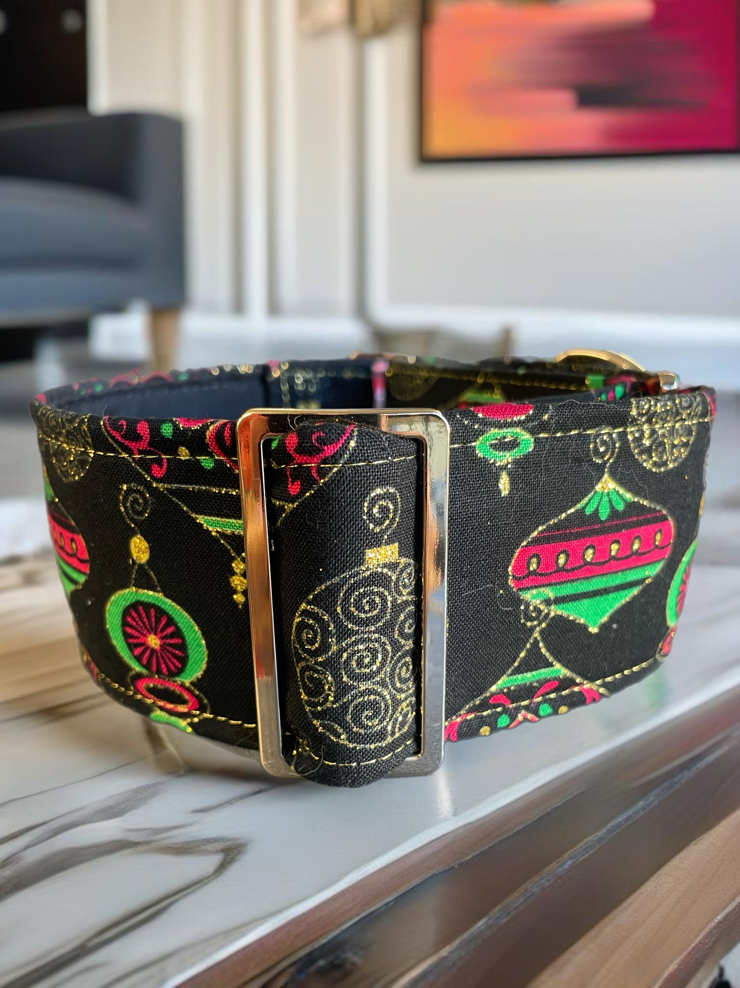 Christmas baubles and gold shimmer thread Cotton covered greyhound Martingale collar comfortable super soft