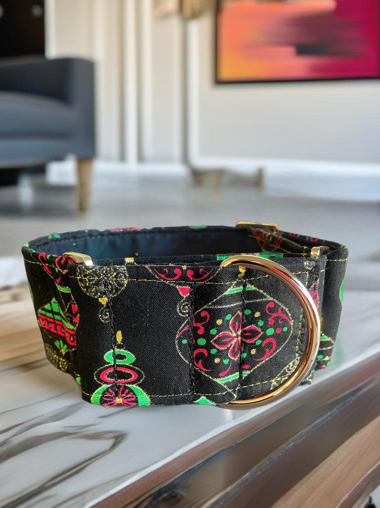 Christmas baubles and gold shimmer thread Cotton covered greyhound Martingale collar comfortable super soft