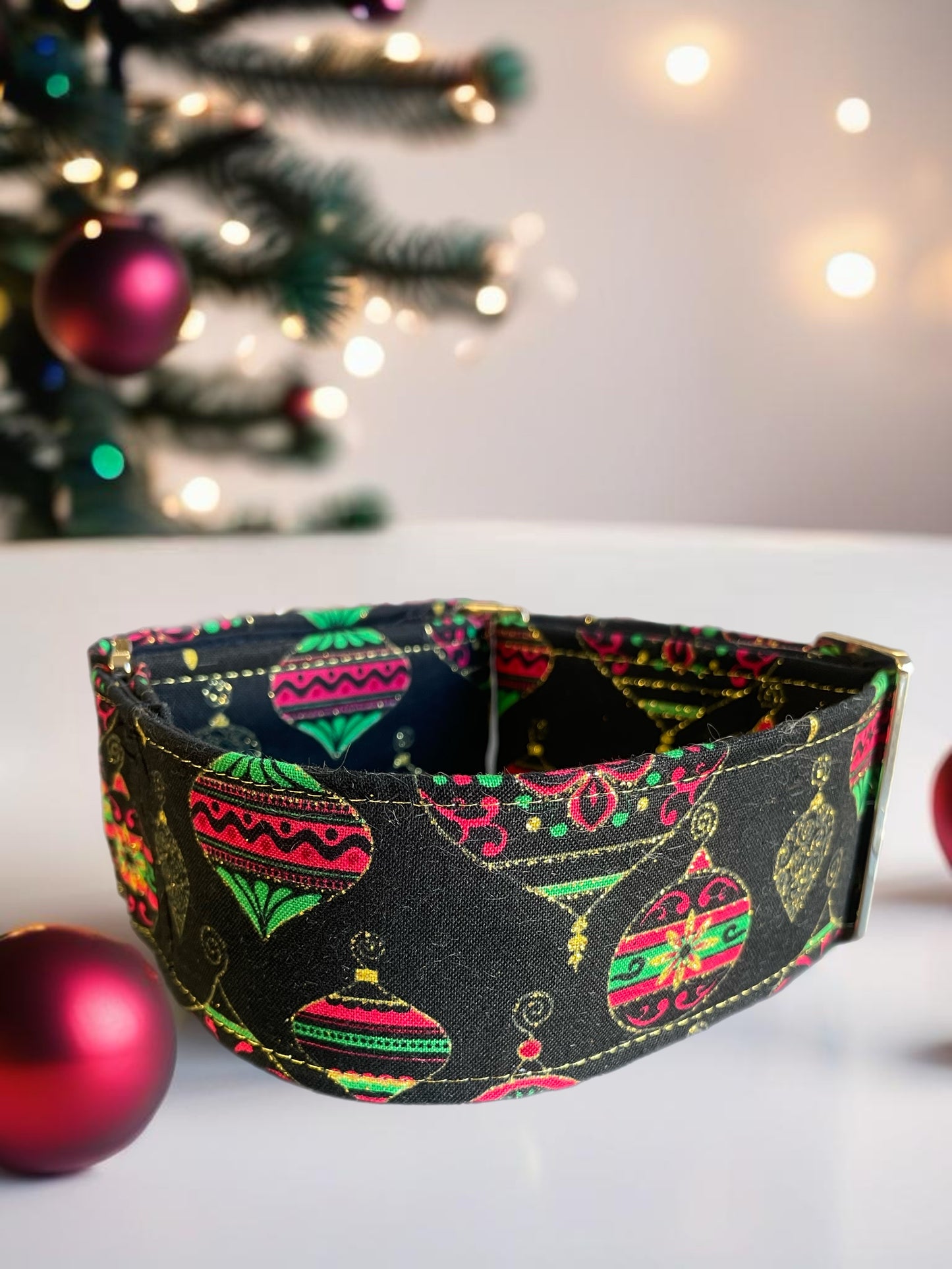 Christmas baubles and gold shimmer thread Cotton covered greyhound Martingale collar comfortable super soft