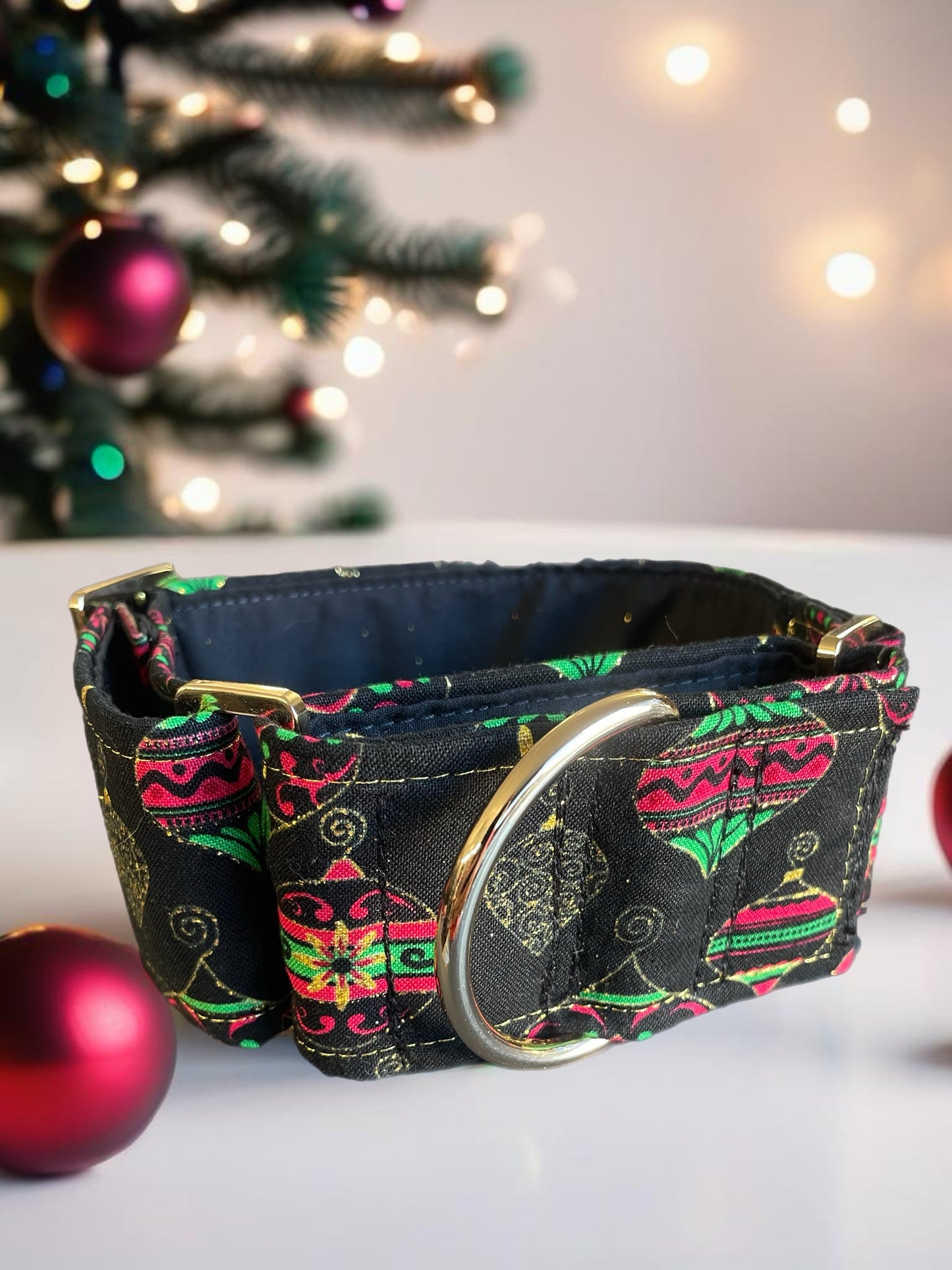 Christmas baubles and gold shimmer thread Cotton covered greyhound Martingale collar comfortable super soft