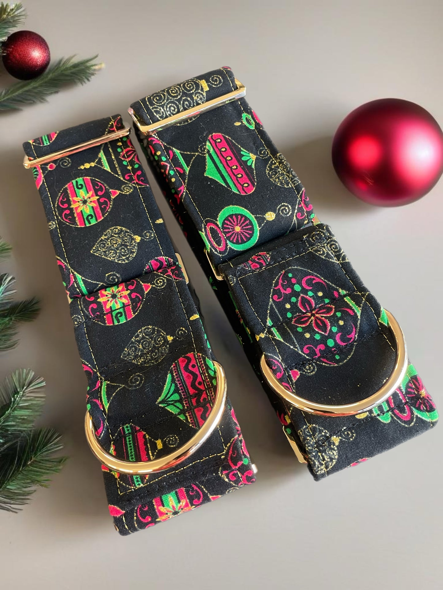 Christmas baubles and gold shimmer thread Cotton covered greyhound Martingale collar comfortable super soft