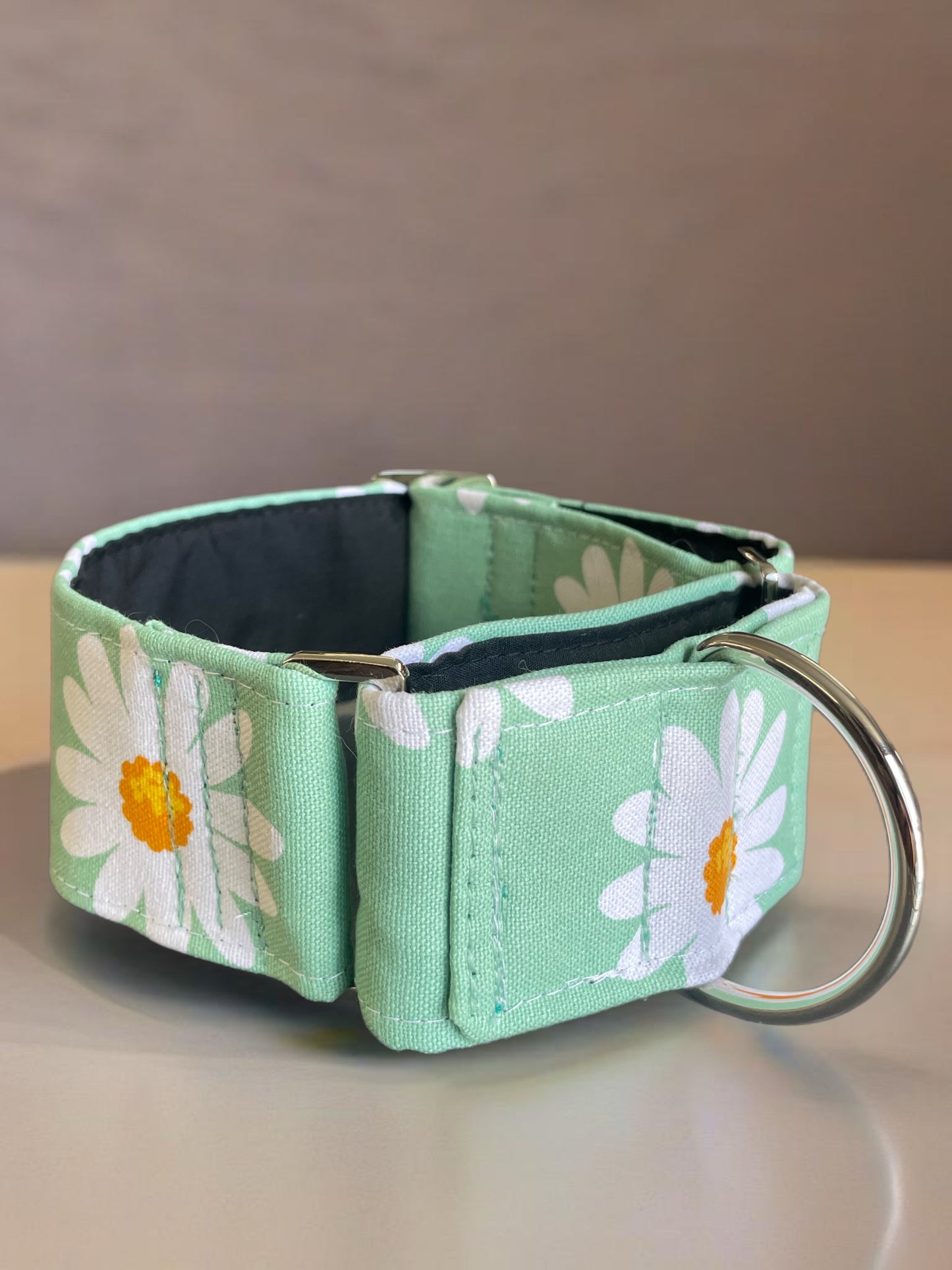 Wide Martingale collar daisies on sage sturdy cotton 50mm width
