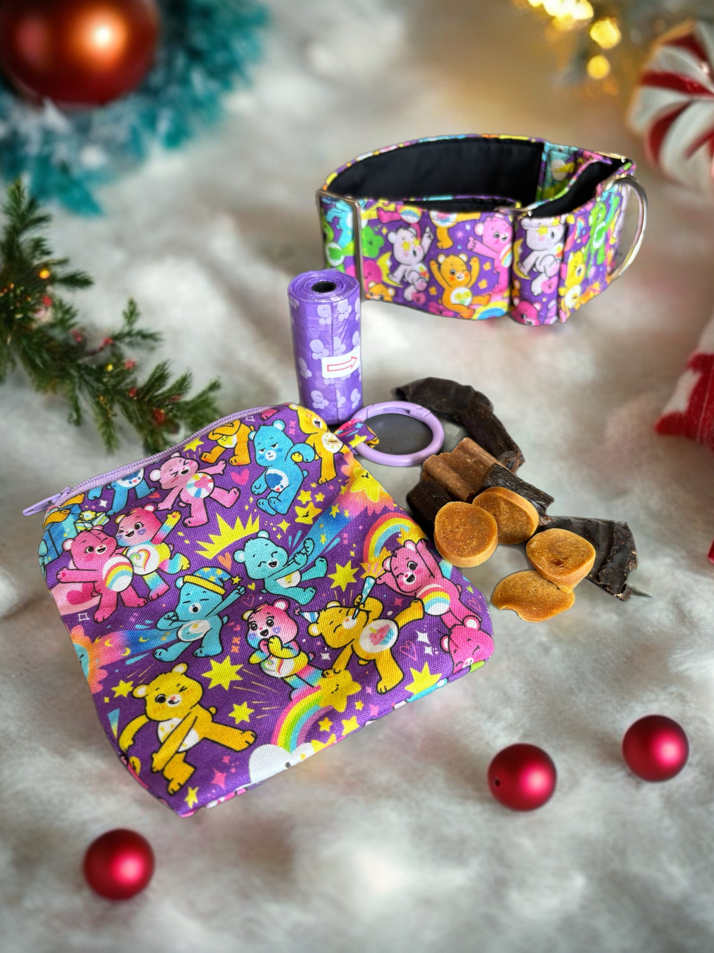 One only of each! Care Bears Martingale collar cotton covered plus go bag filled with treats. On sale