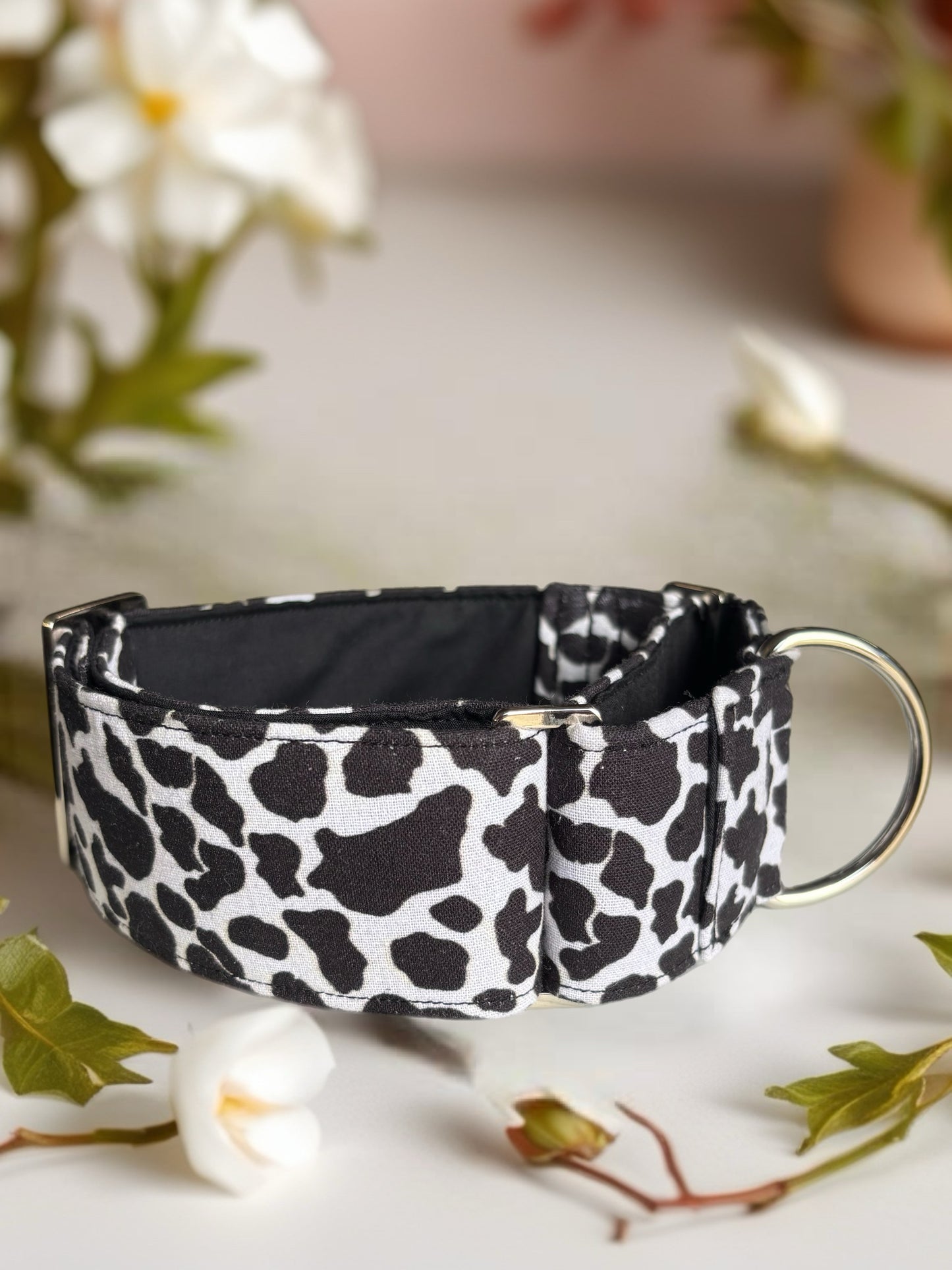 Cowprint Greyhound Martingale collar cotton covered 50mm width soft